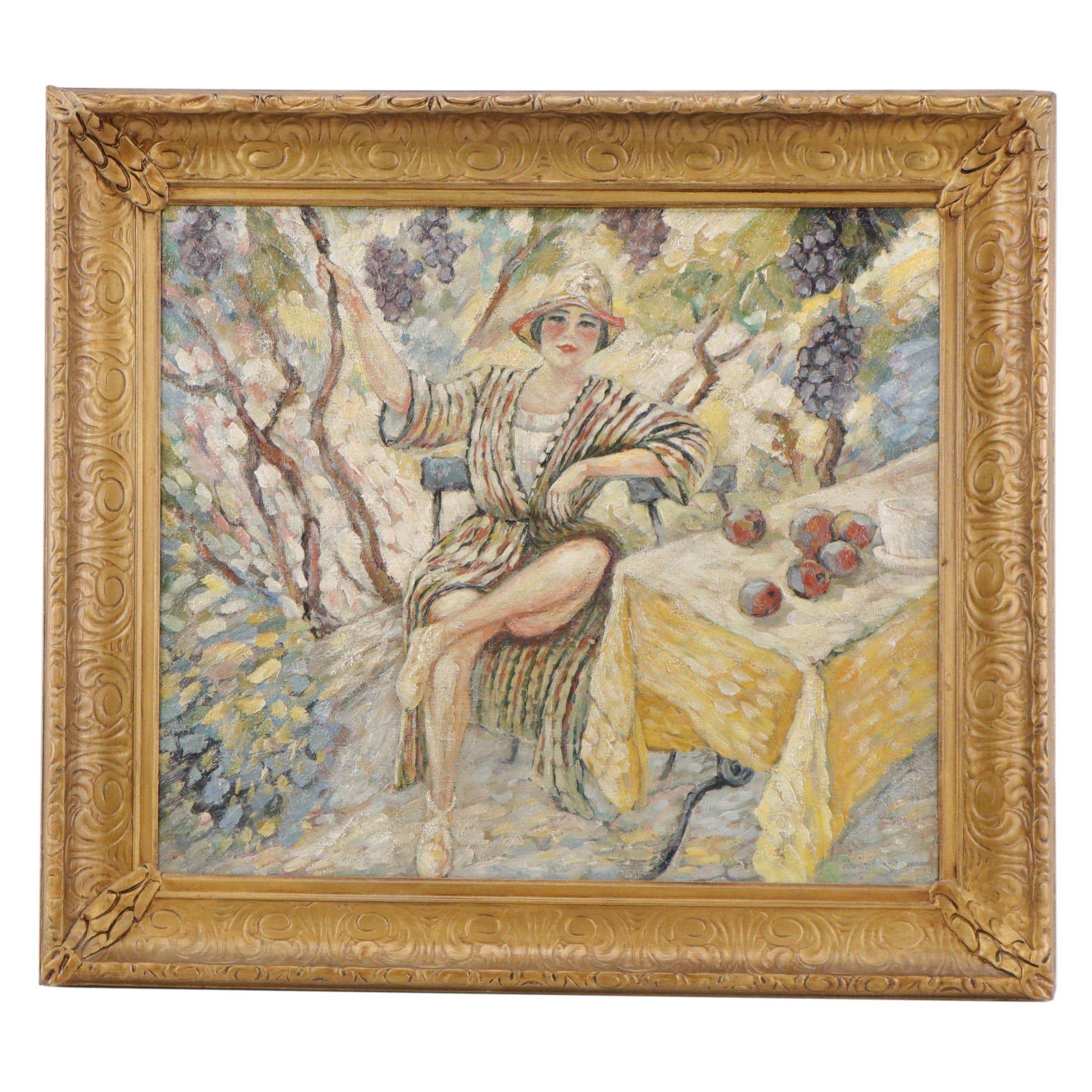 Post-Impressionist Style Oil Painting of Seated Woman in Garden