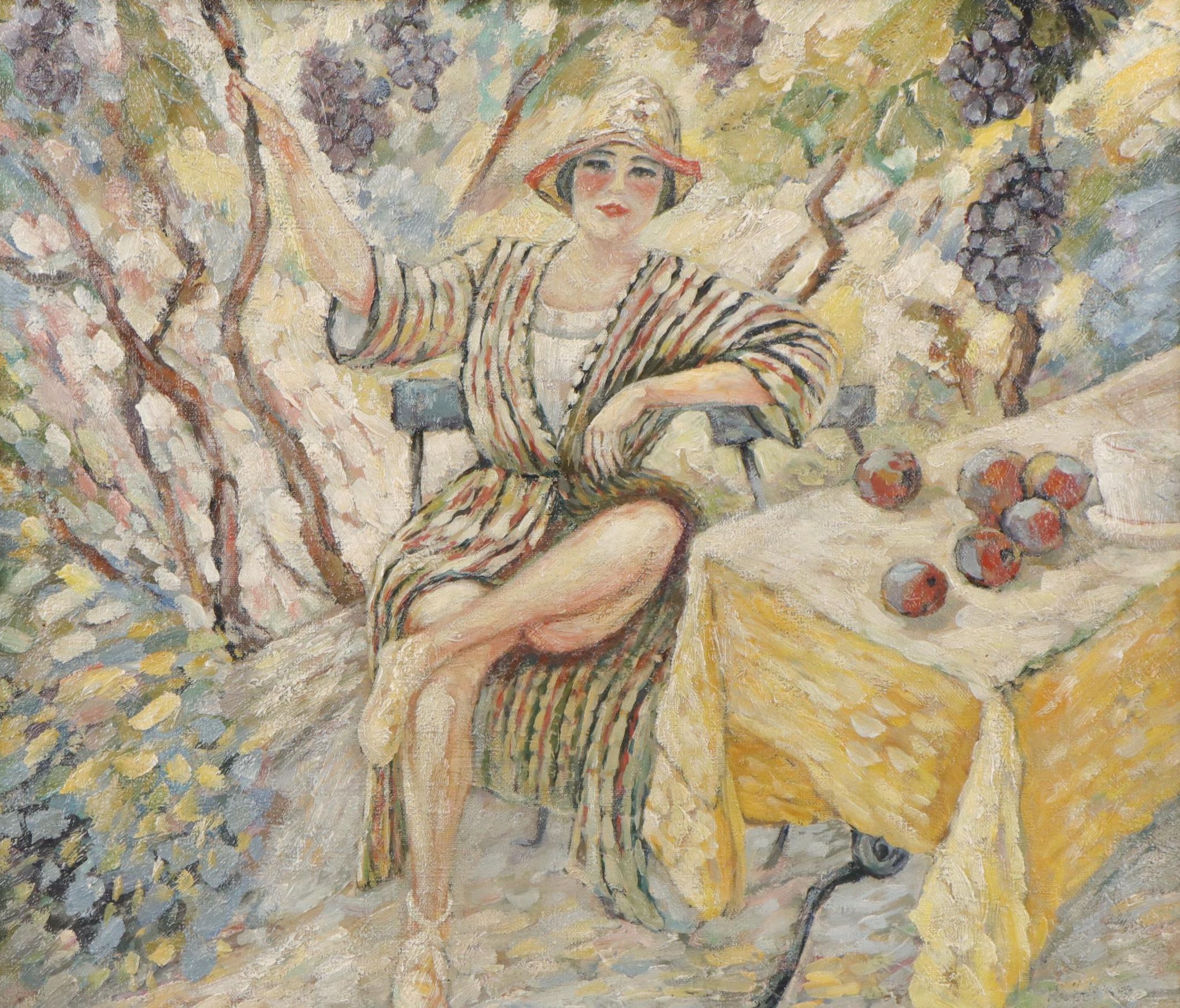Post-Impressionist Style Oil Painting of Seated Woman in Garden