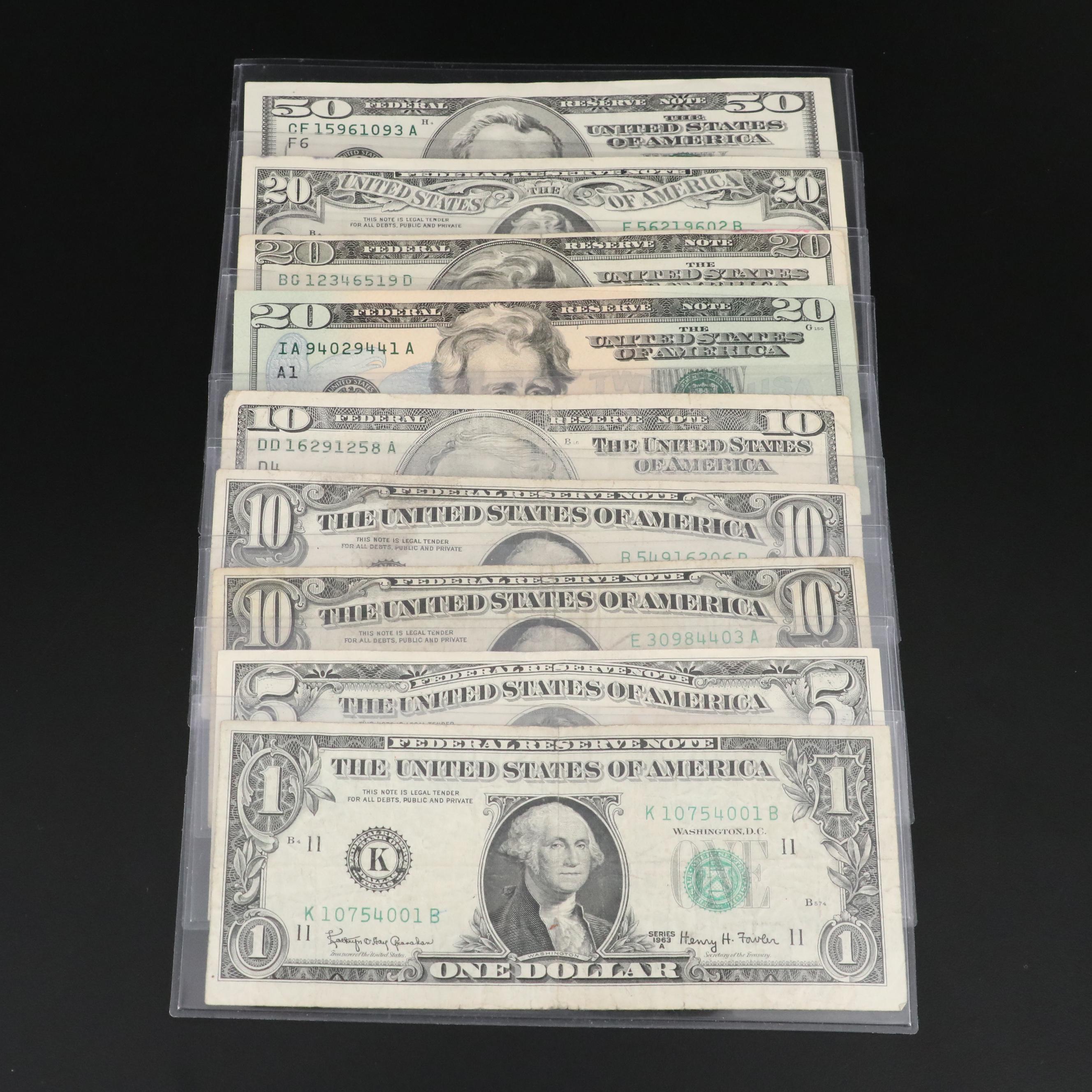 Group of Nine Various U.S. Currency Notes Including a 2001 $50 Federal Reserve