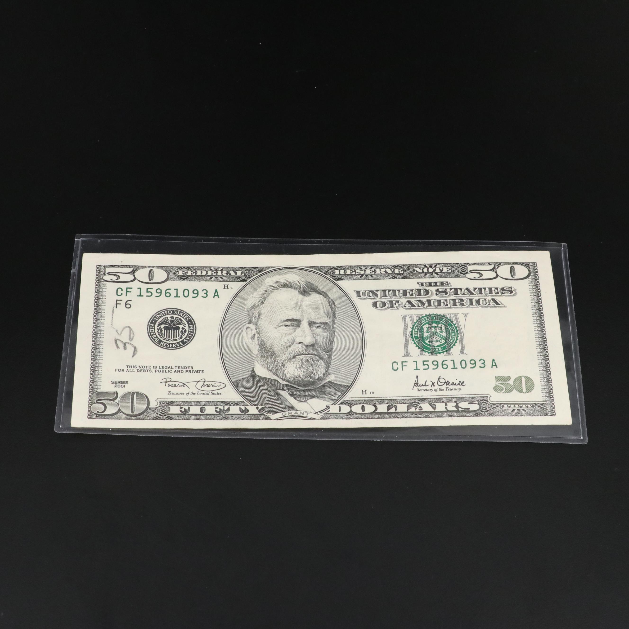 Group of Nine Various U.S. Currency Notes Including a 2001 $50 Federal Reserve