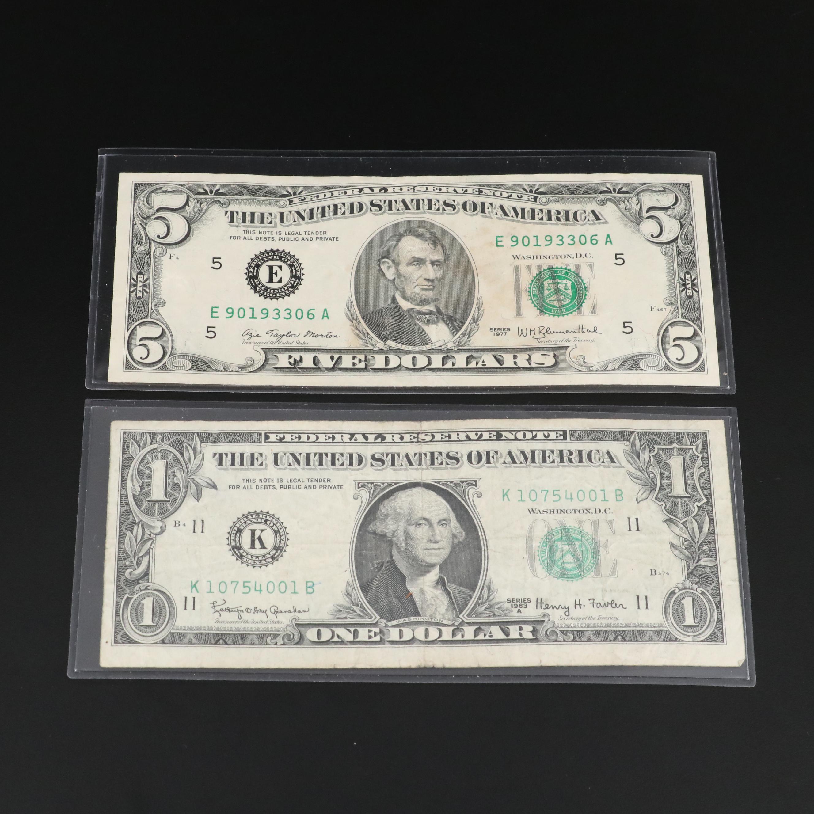 Group of Nine Various U.S. Currency Notes Including a 2001 $50 Federal Reserve