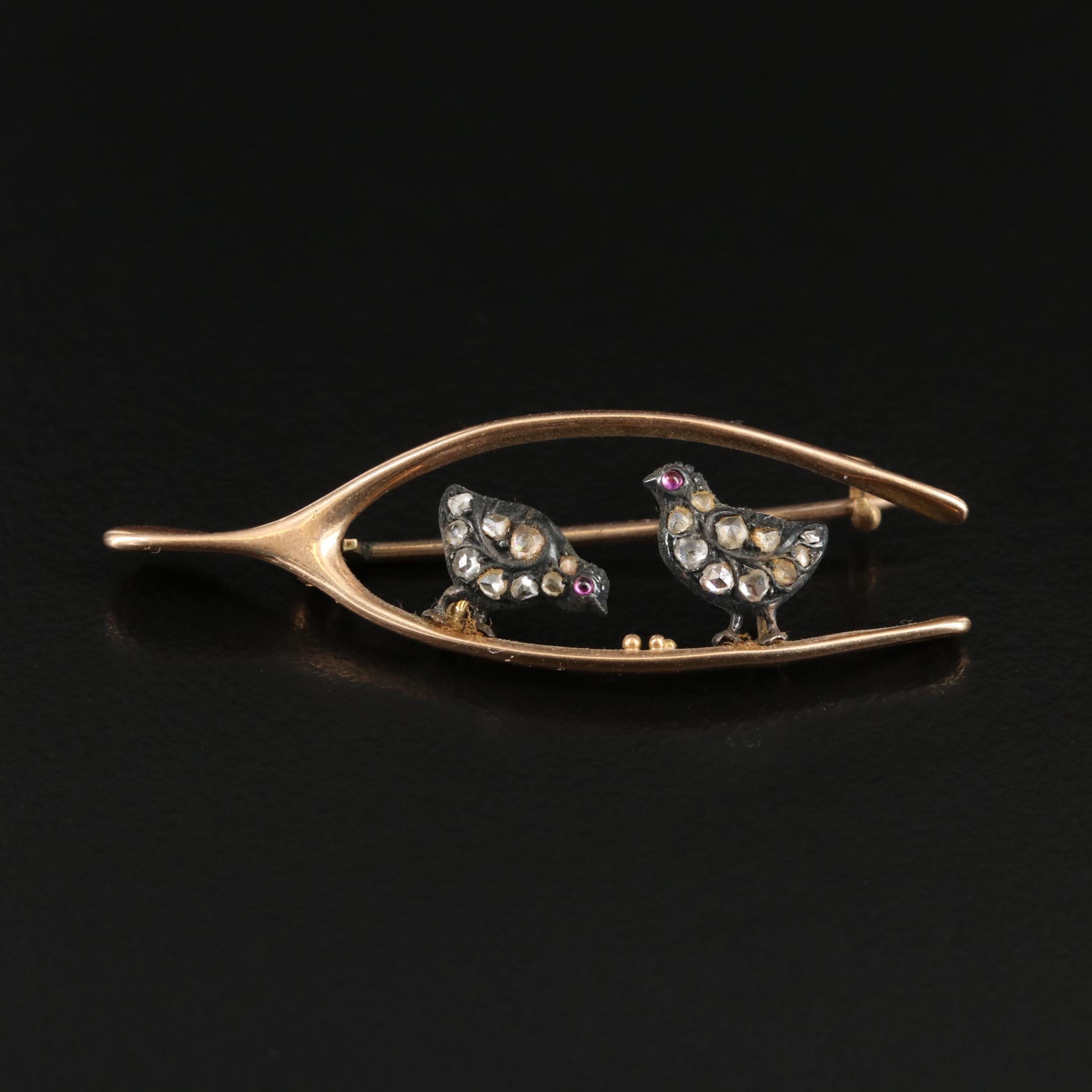 Victorian 10K Rose Gold and Sterling Diamond and Ruby Wishbone Pin
