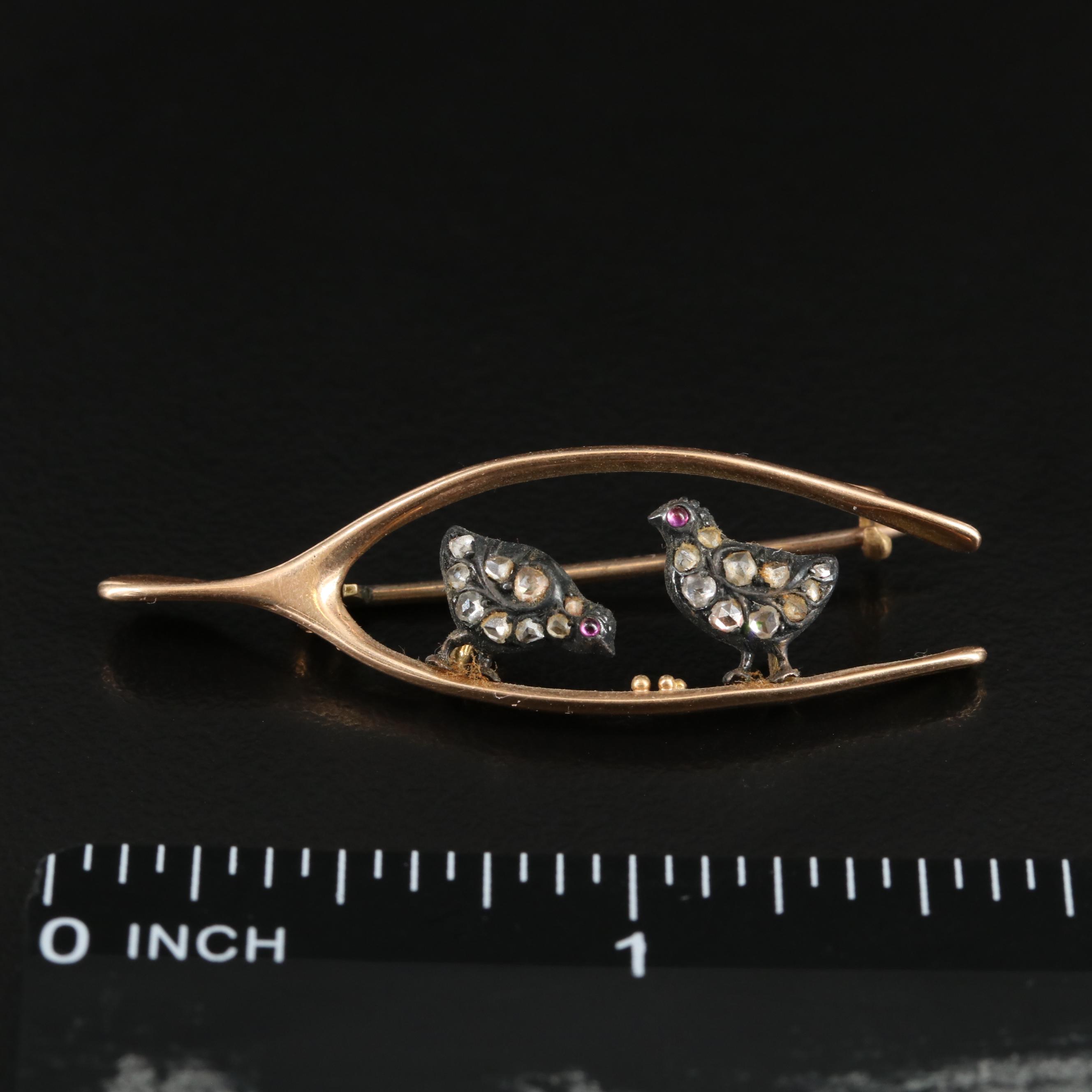 Victorian 10K Rose Gold and Sterling Diamond and Ruby Wishbone Pin