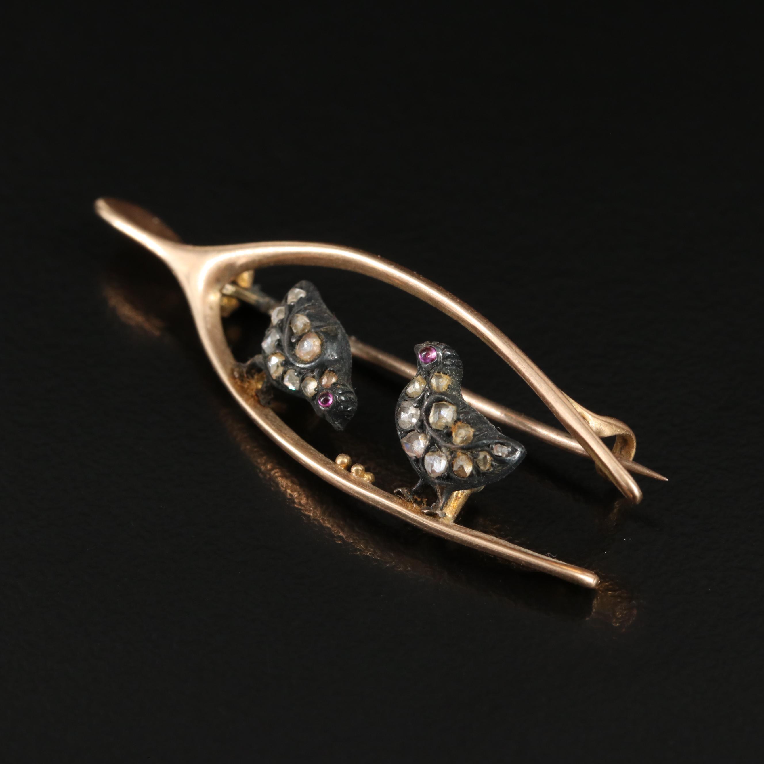 Victorian 10K Rose Gold and Sterling Diamond and Ruby Wishbone Pin