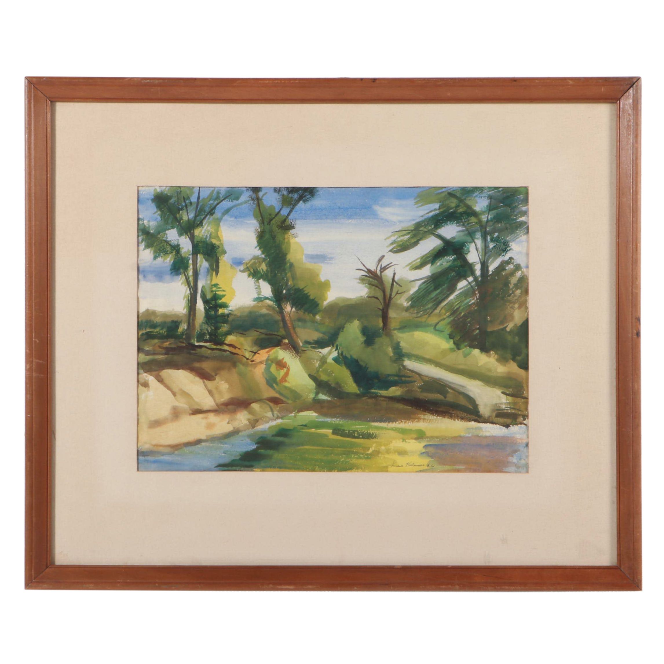 Landscape Watercolor Painting "Wolf Creek," 1946