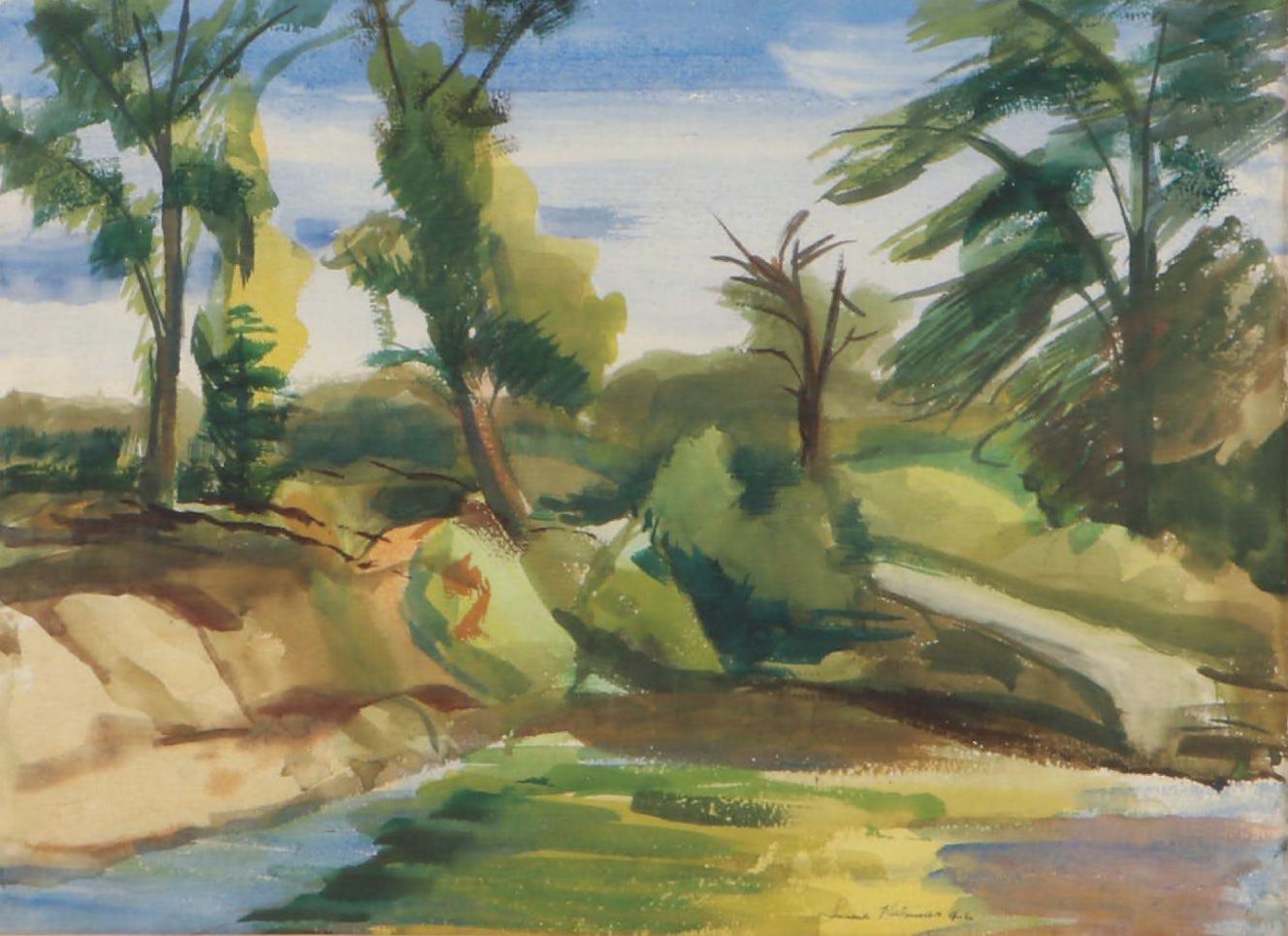 Landscape Watercolor Painting "Wolf Creek," 1946