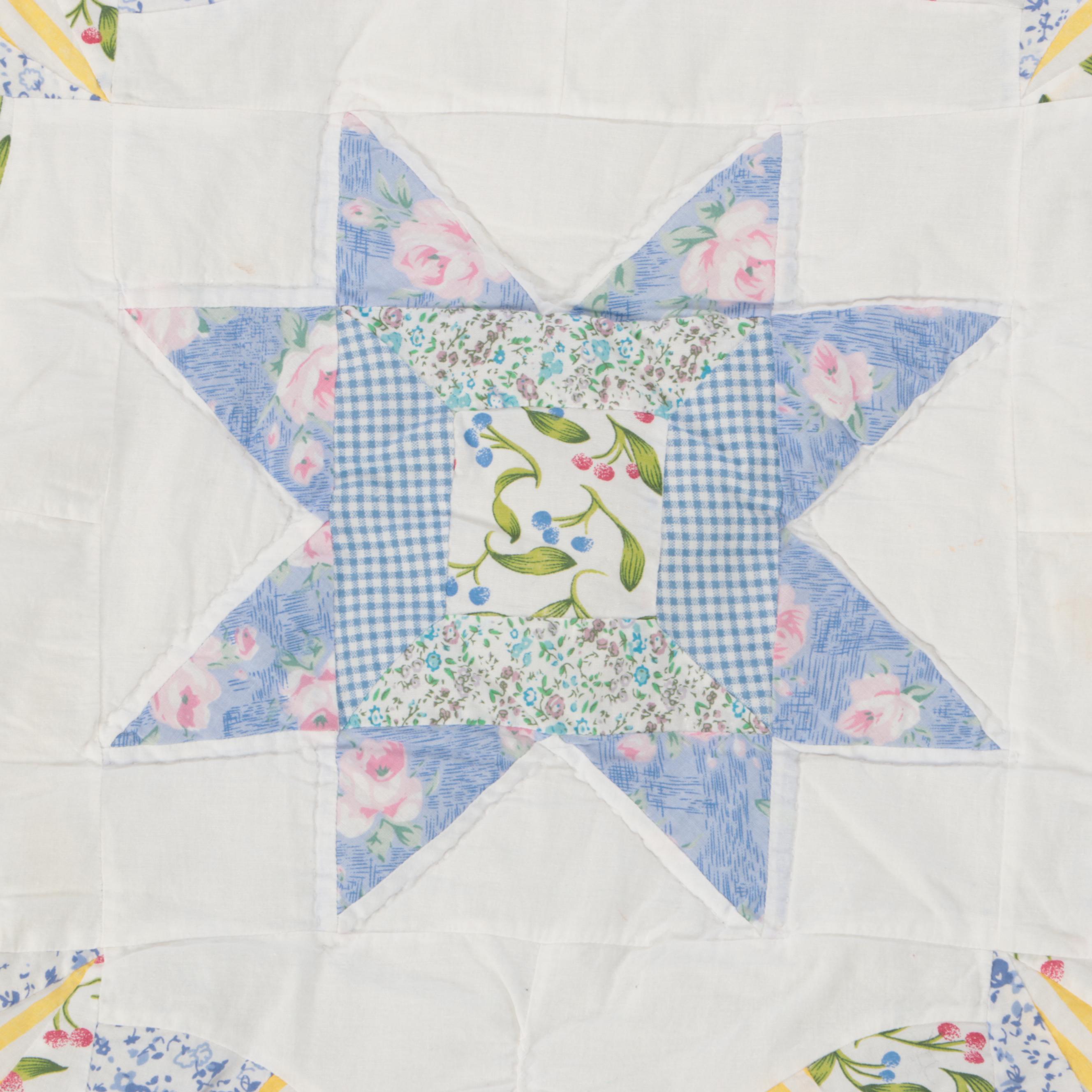 Hand-Pieced Yellow and Blue Eight Point Star Quilt