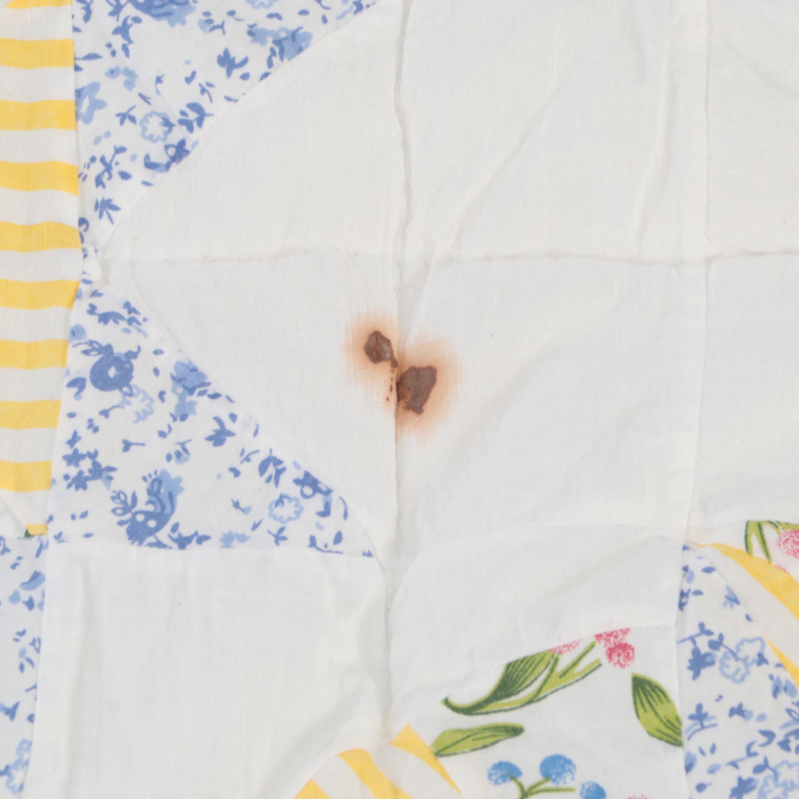 Hand-Pieced Yellow and Blue Eight Point Star Quilt