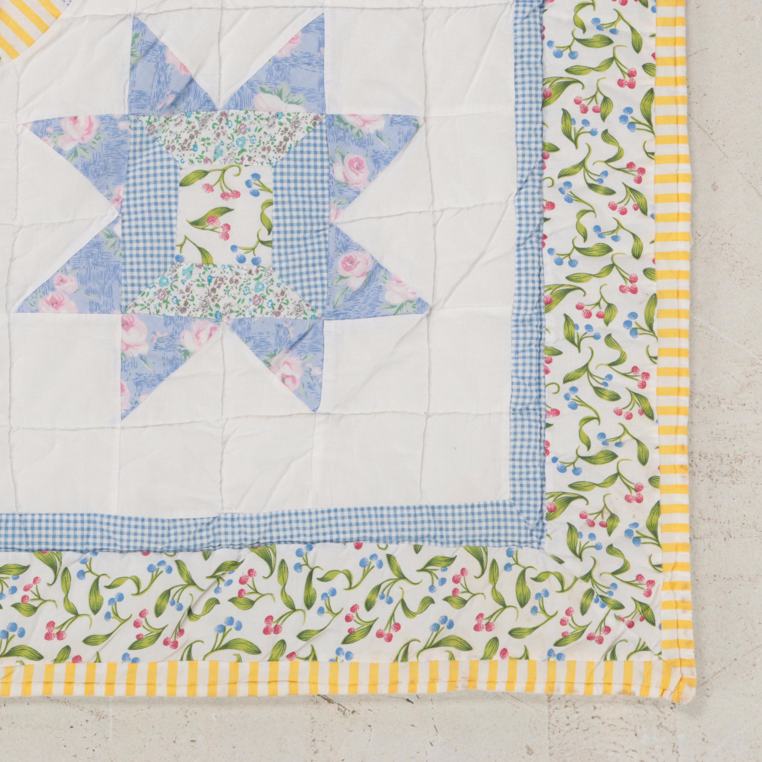 Hand-Pieced Yellow and Blue Eight Point Star Quilt