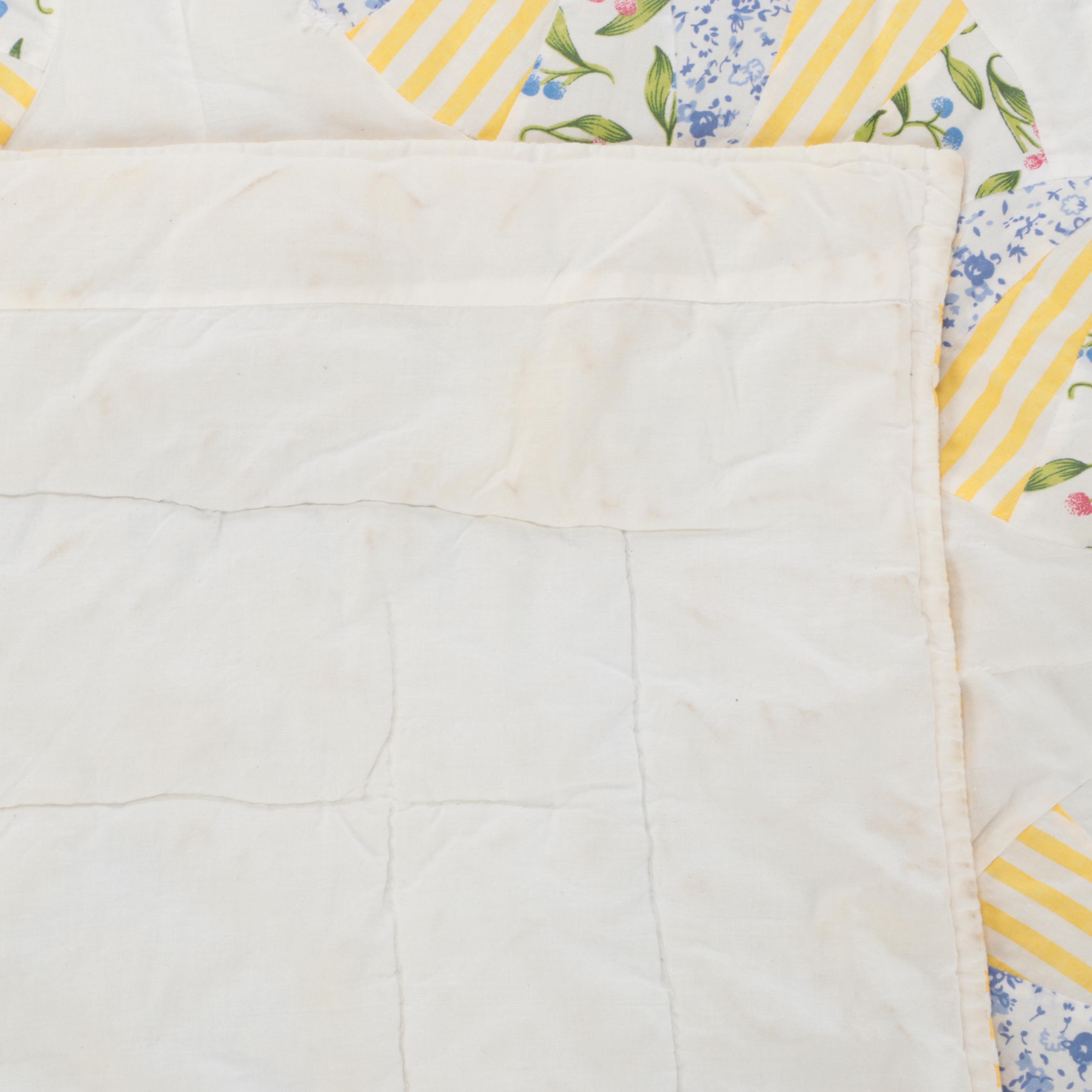 Hand-Pieced Yellow and Blue Eight Point Star Quilt