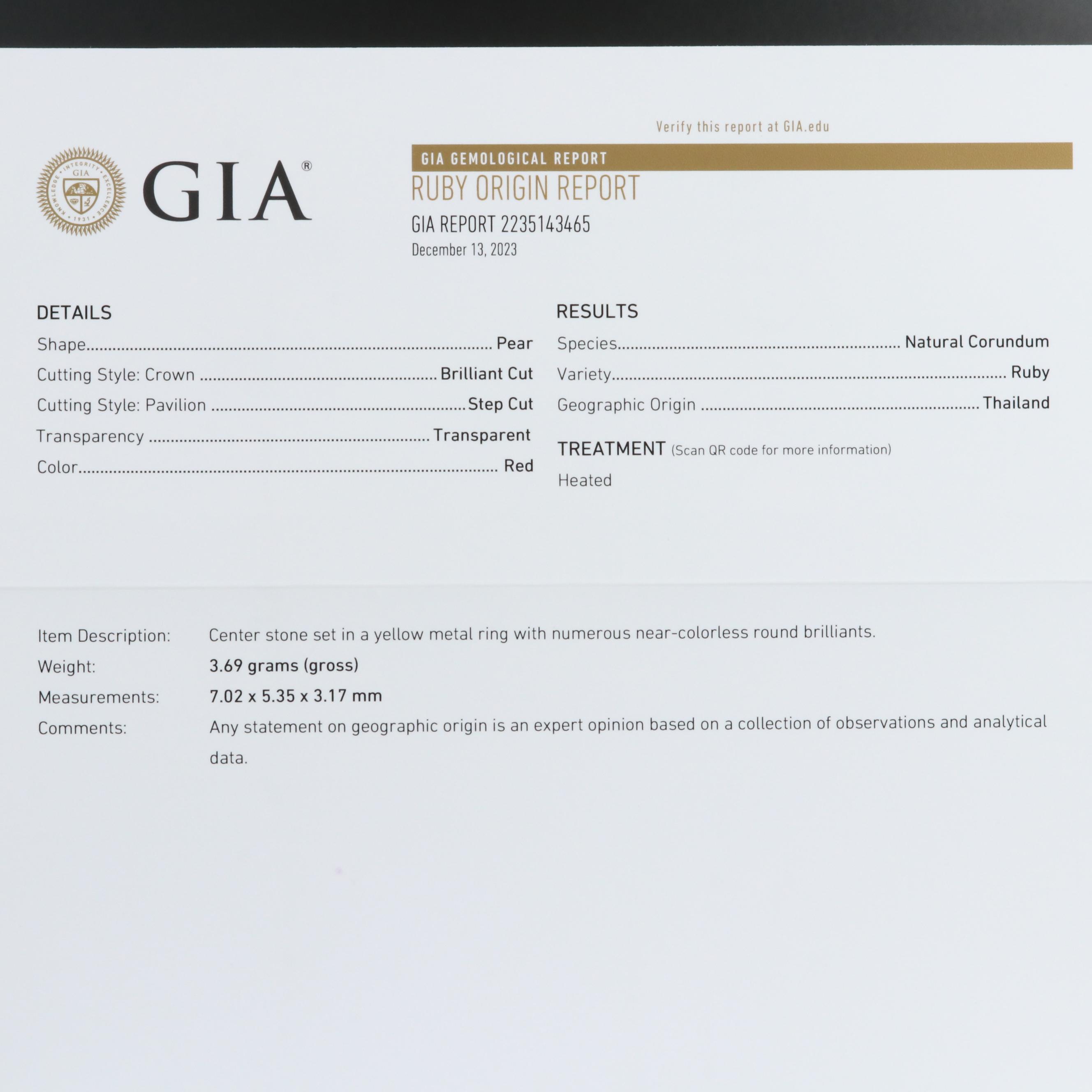 18K 1.00 CT Thai Ruby and Diamond Ring with GIA Report