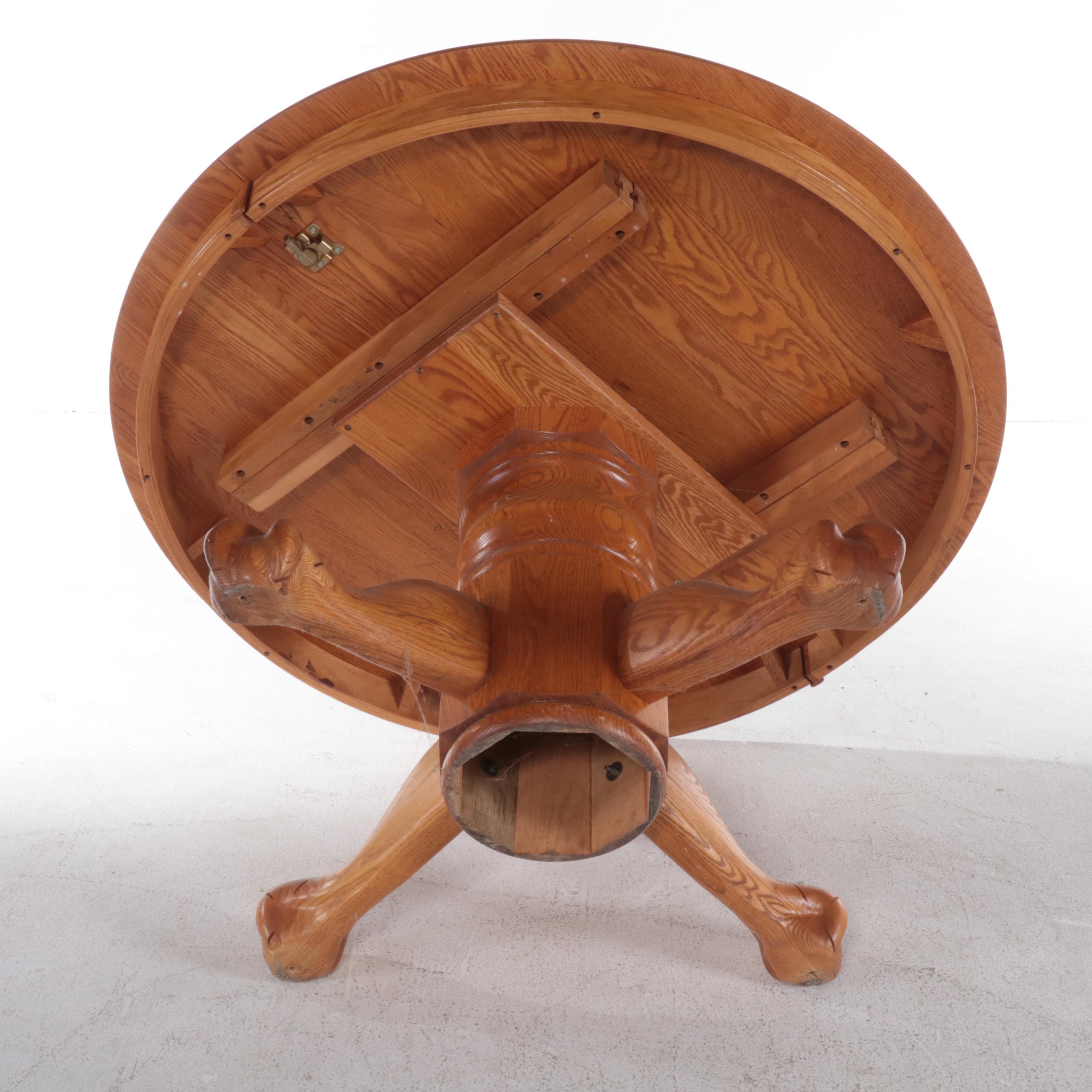 Oak Clawfoot Pedestal Dining Table with Two Chairs