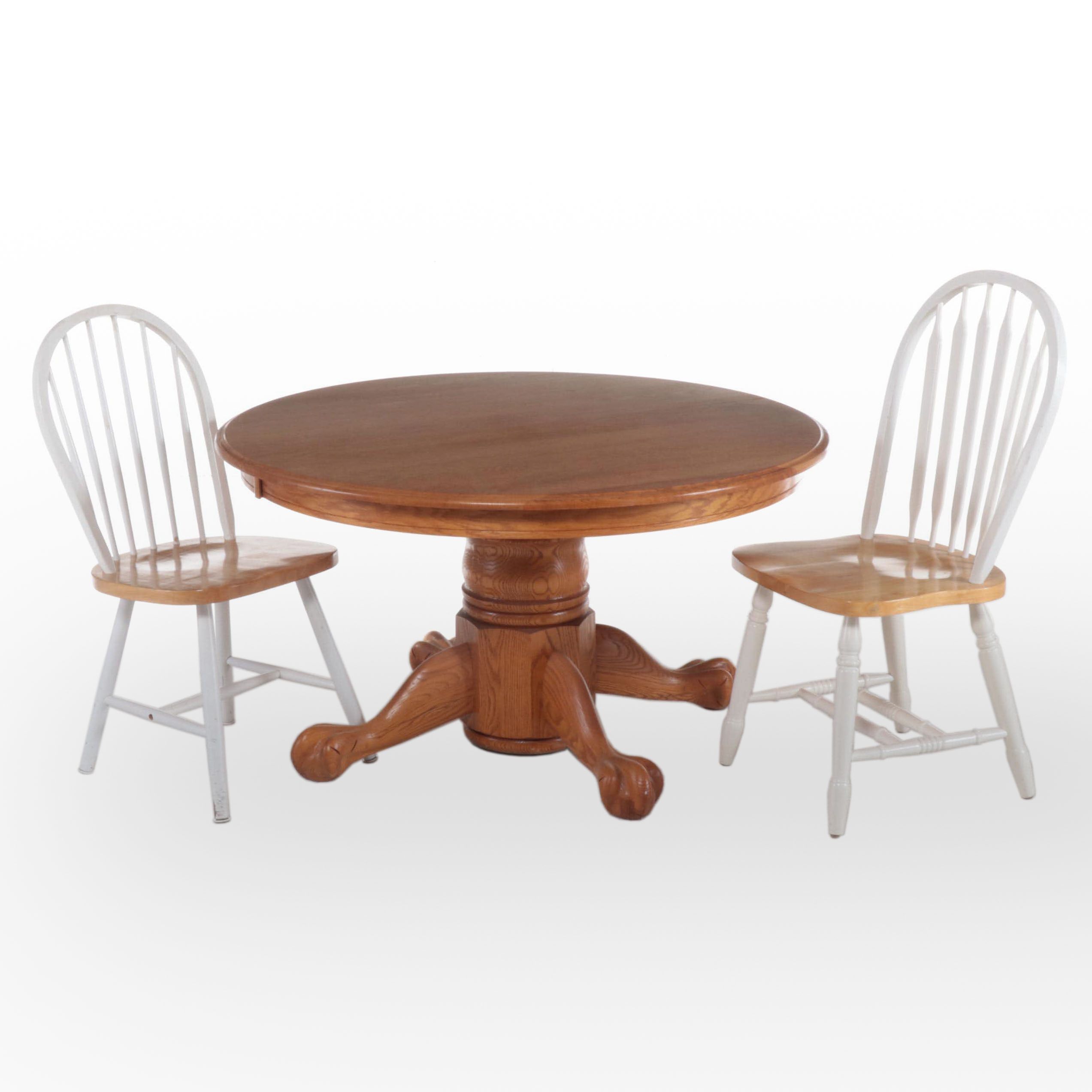 Oak Clawfoot Pedestal Dining Table with Two Chairs