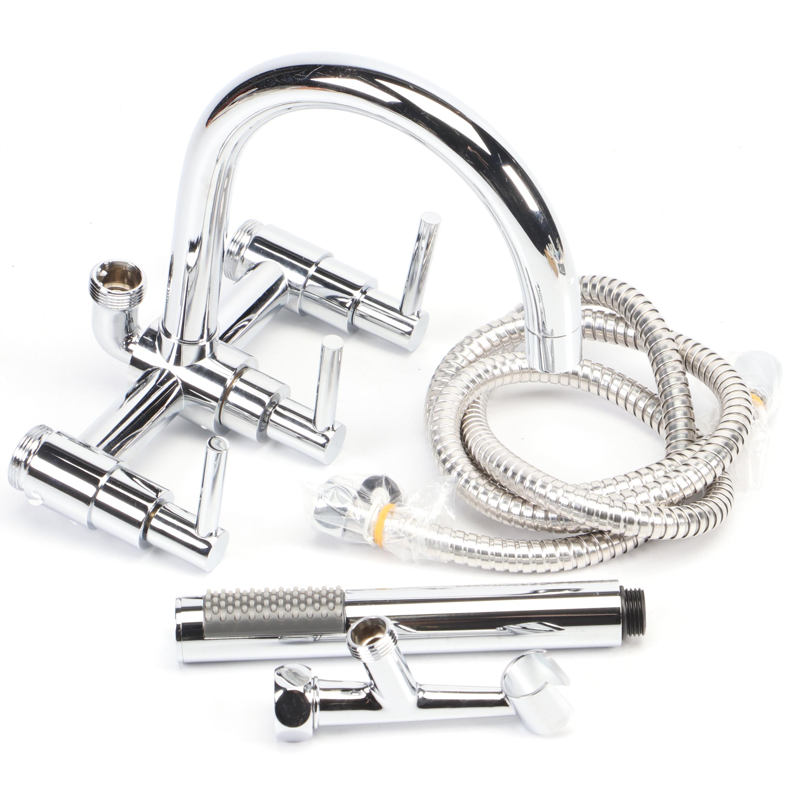 Signature Hardware Chrome Sebastian Gooseneck Tub Faucet with Spray and Handles