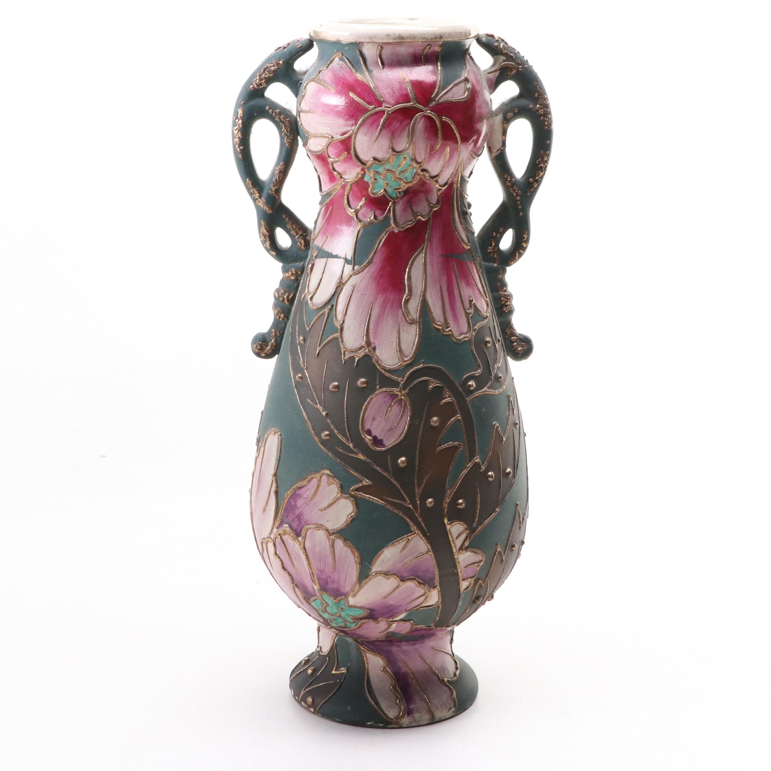 Japanese Peonies Earthenware Vase With Slip and Gilt Detail