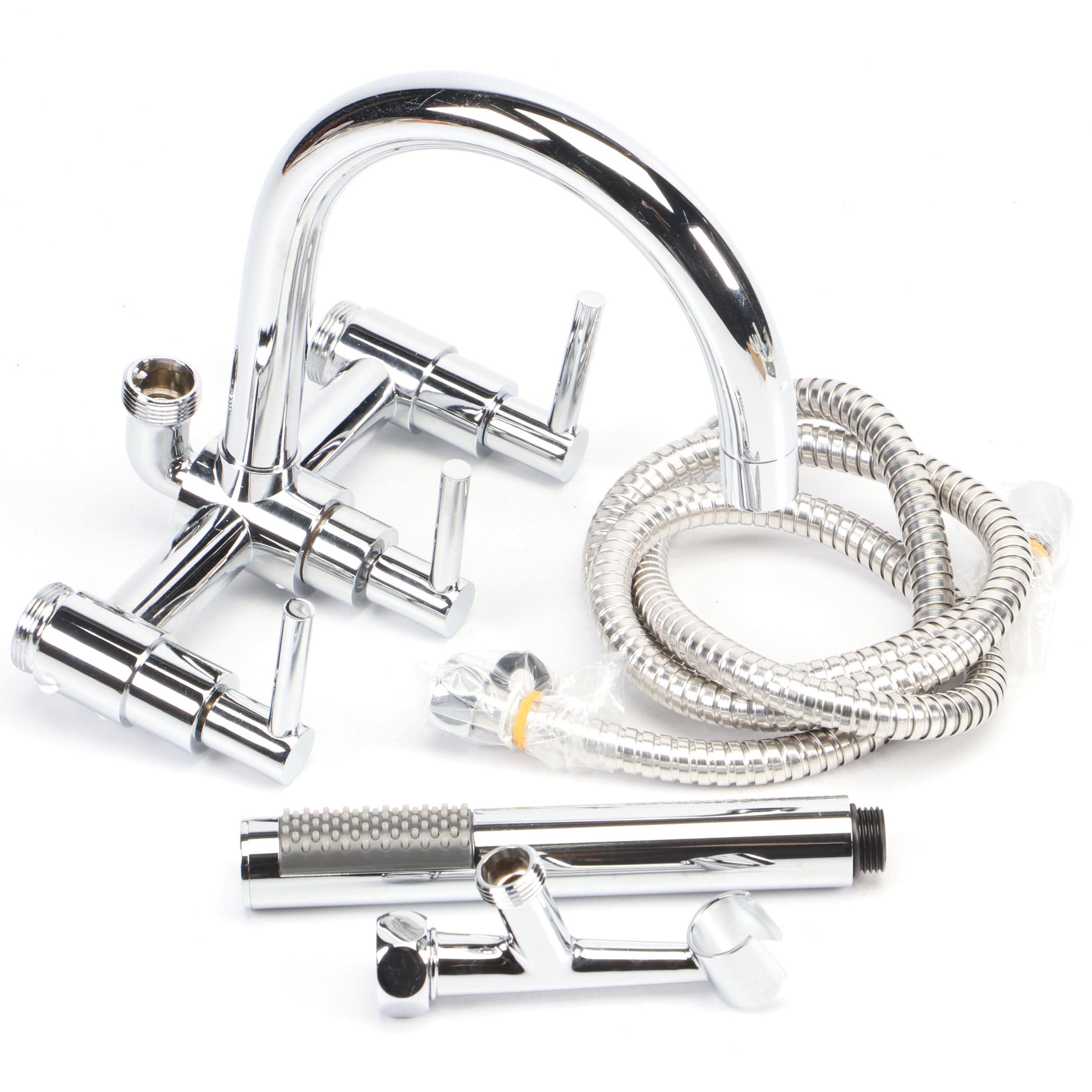 Signature Hardware Chrome Sebastian Gooseneck Tub Faucet with Spray and Handles