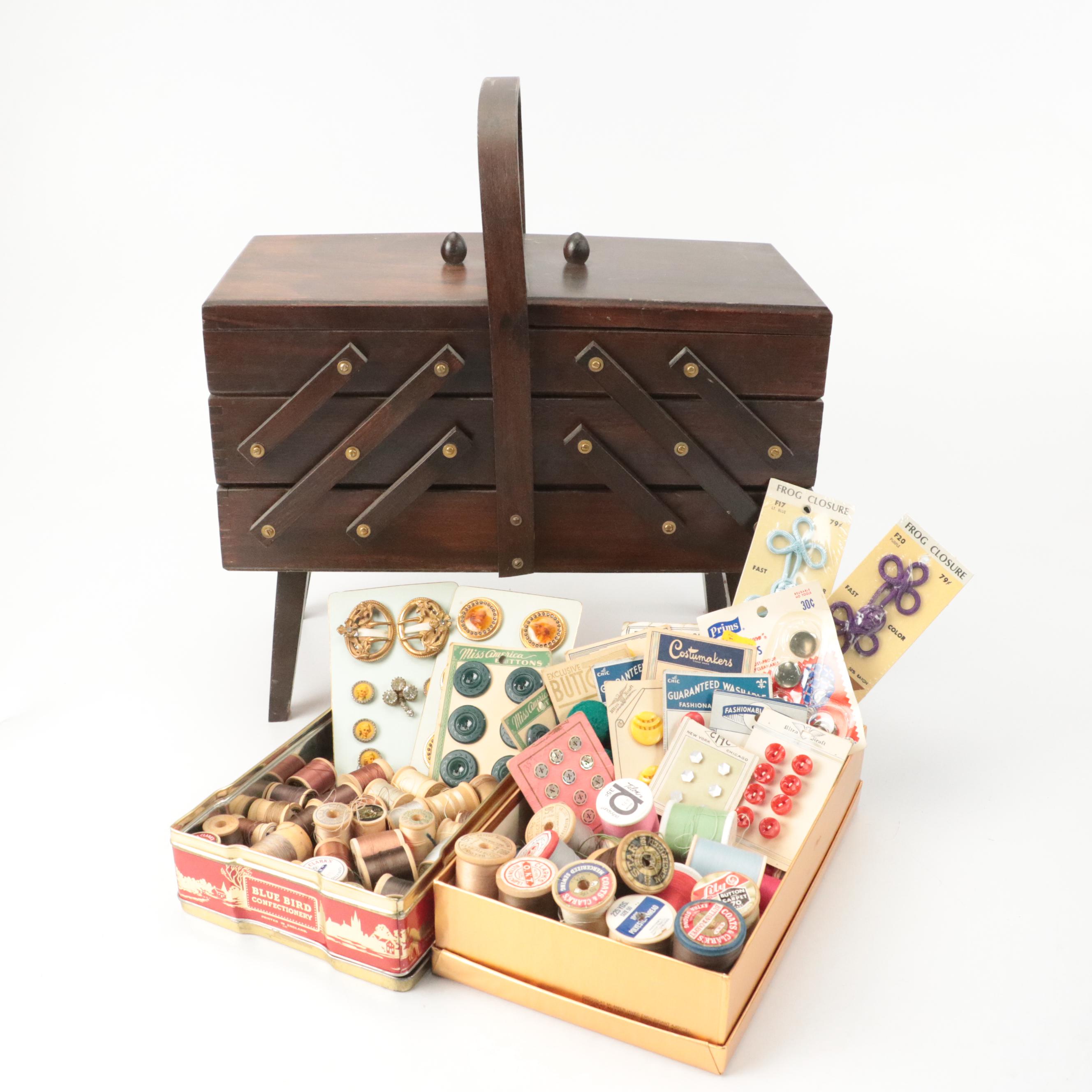 Multi-Compartment Wood Sewing Box with Sewing Supplies