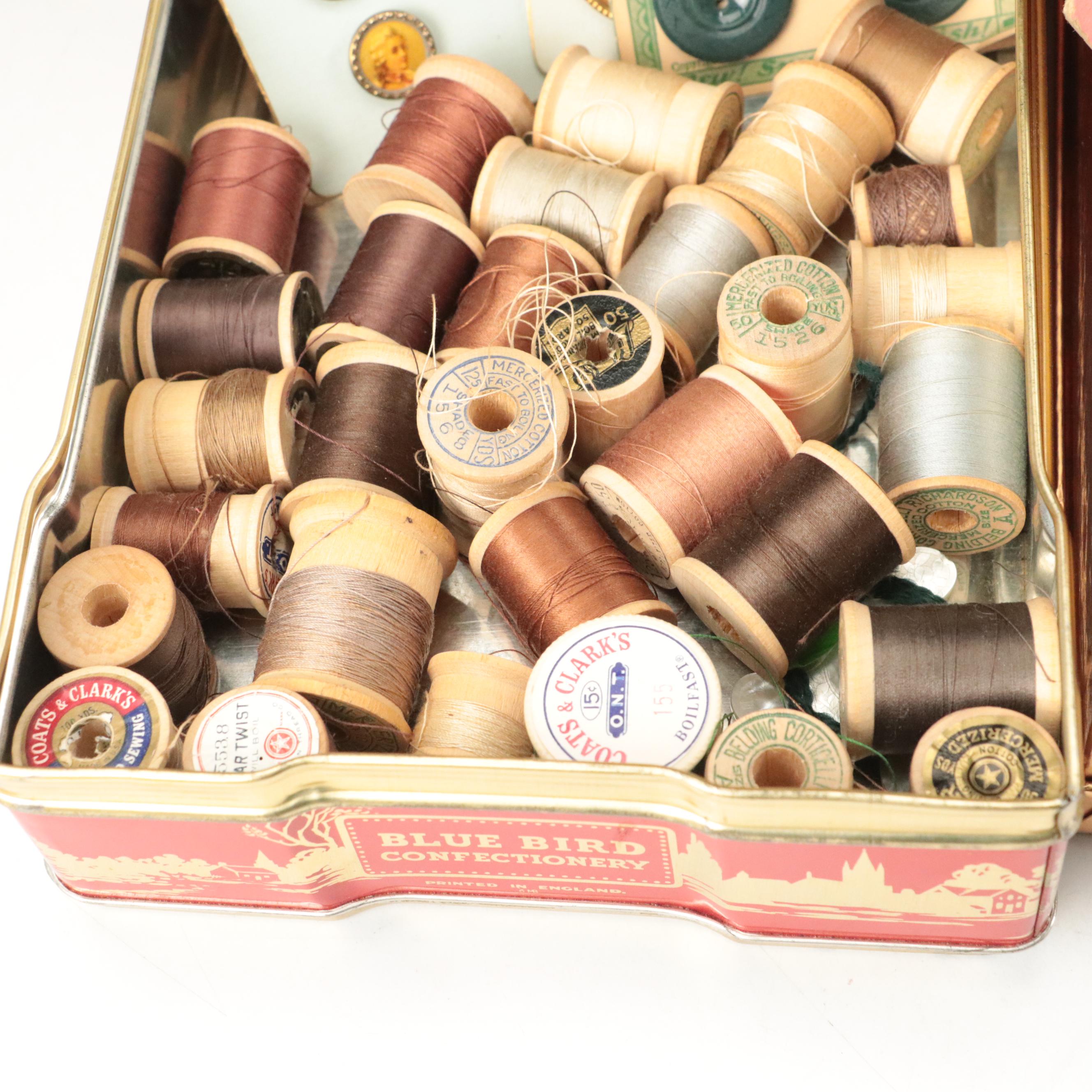 Multi-Compartment Wood Sewing Box with Sewing Supplies