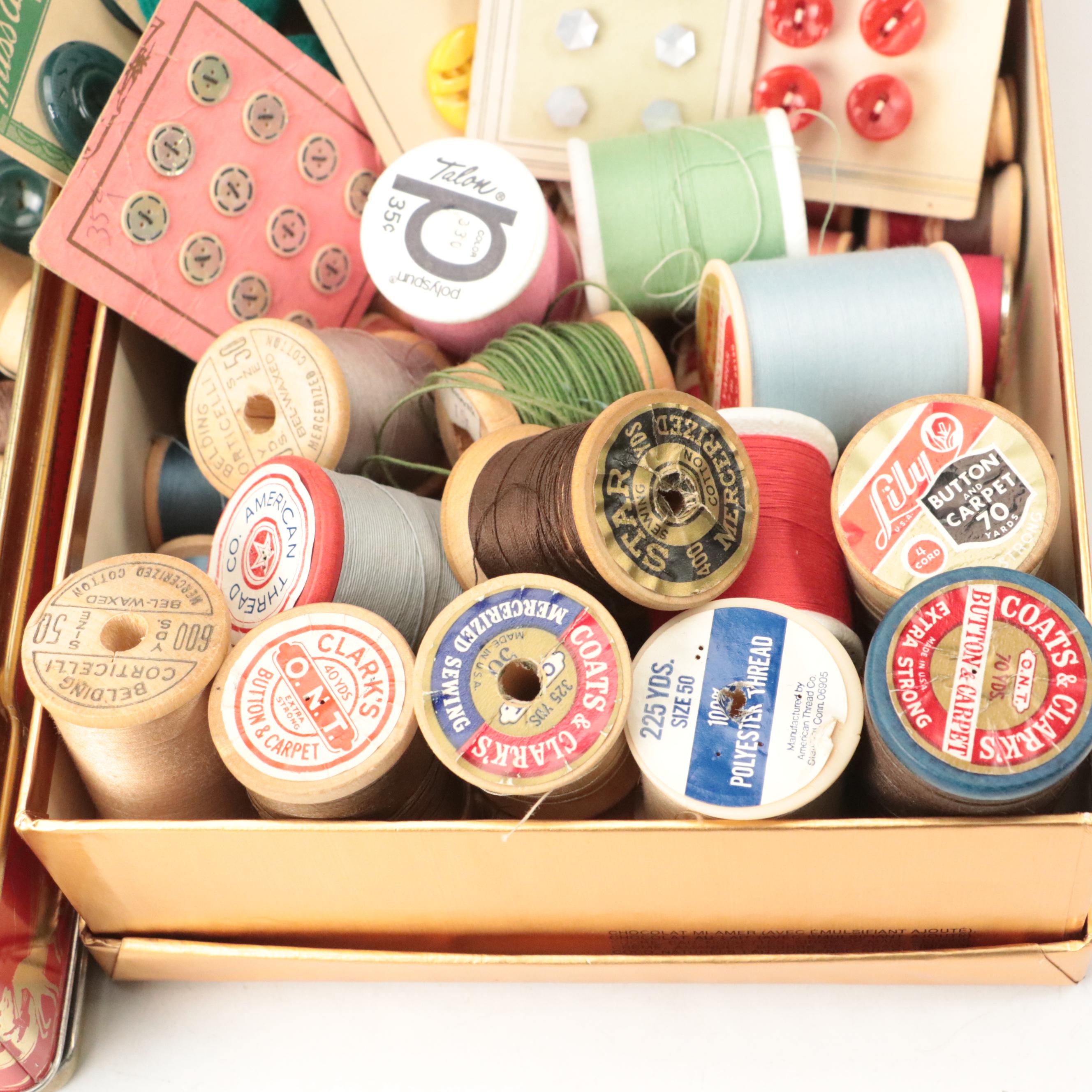Multi-Compartment Wood Sewing Box with Sewing Supplies