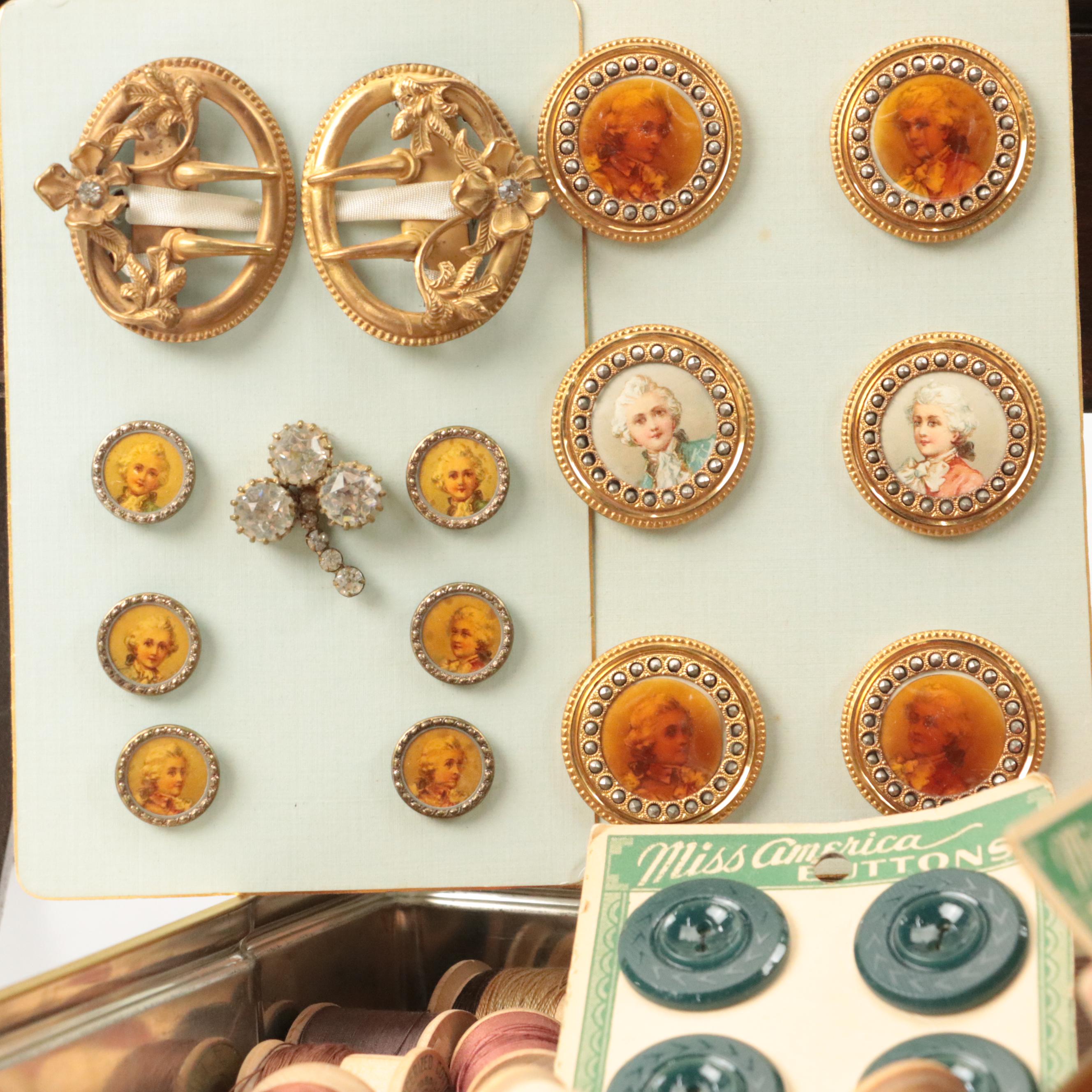 Multi-Compartment Wood Sewing Box with Sewing Supplies