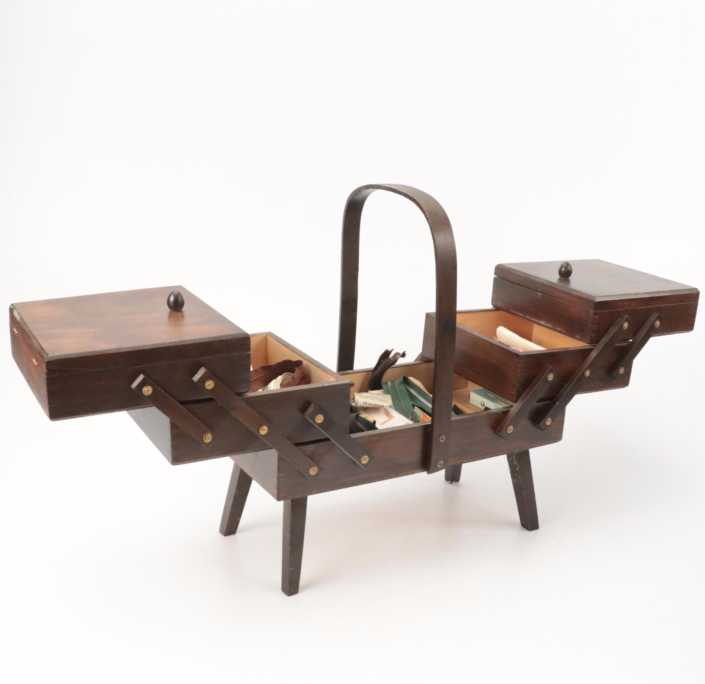 Multi-Compartment Wood Sewing Box with Sewing Supplies