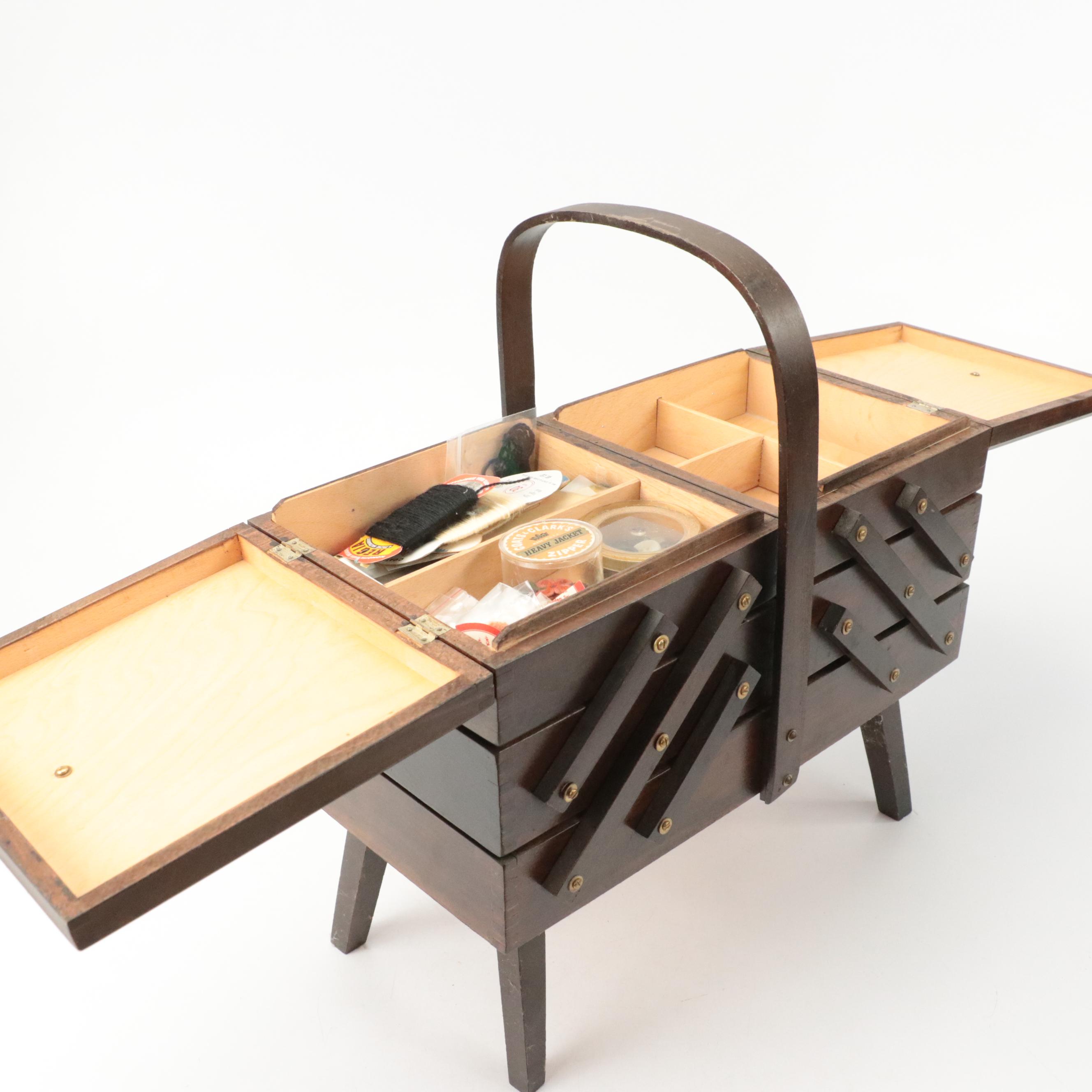 Multi-Compartment Wood Sewing Box with Sewing Supplies