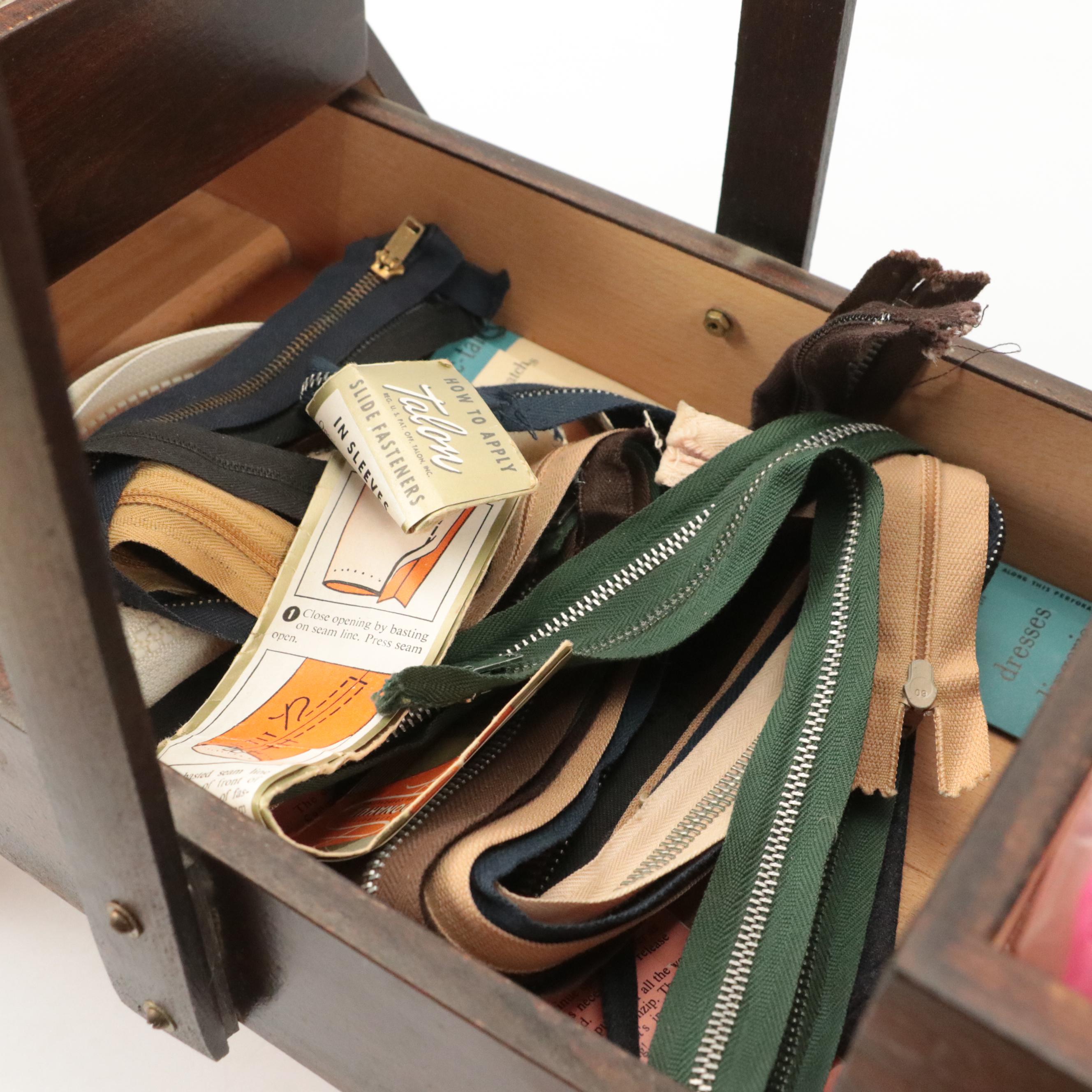 Multi-Compartment Wood Sewing Box with Sewing Supplies