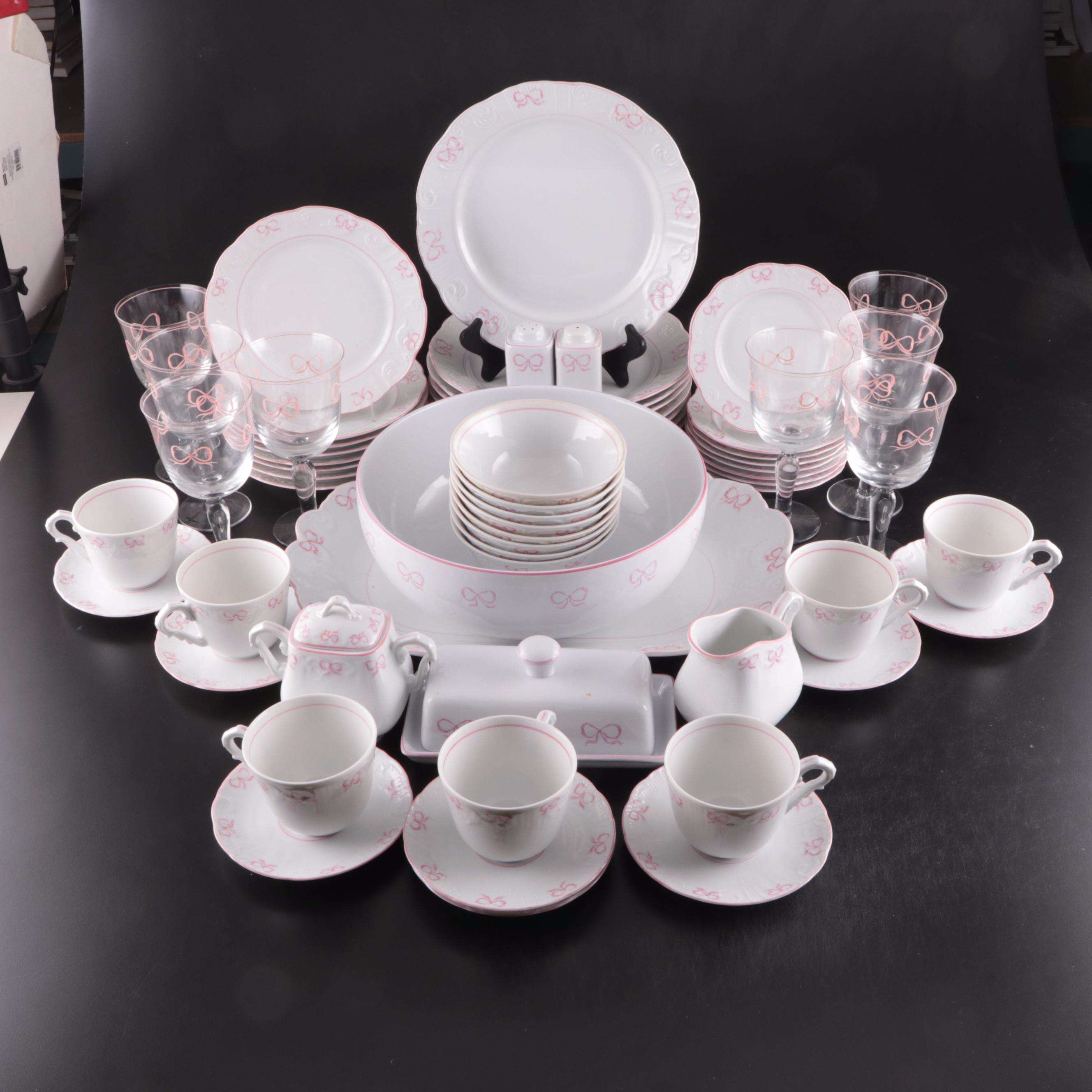 Vista Alegre and Other  "Ruban Pink" Porcelain Dinnerware and Glass Stemware