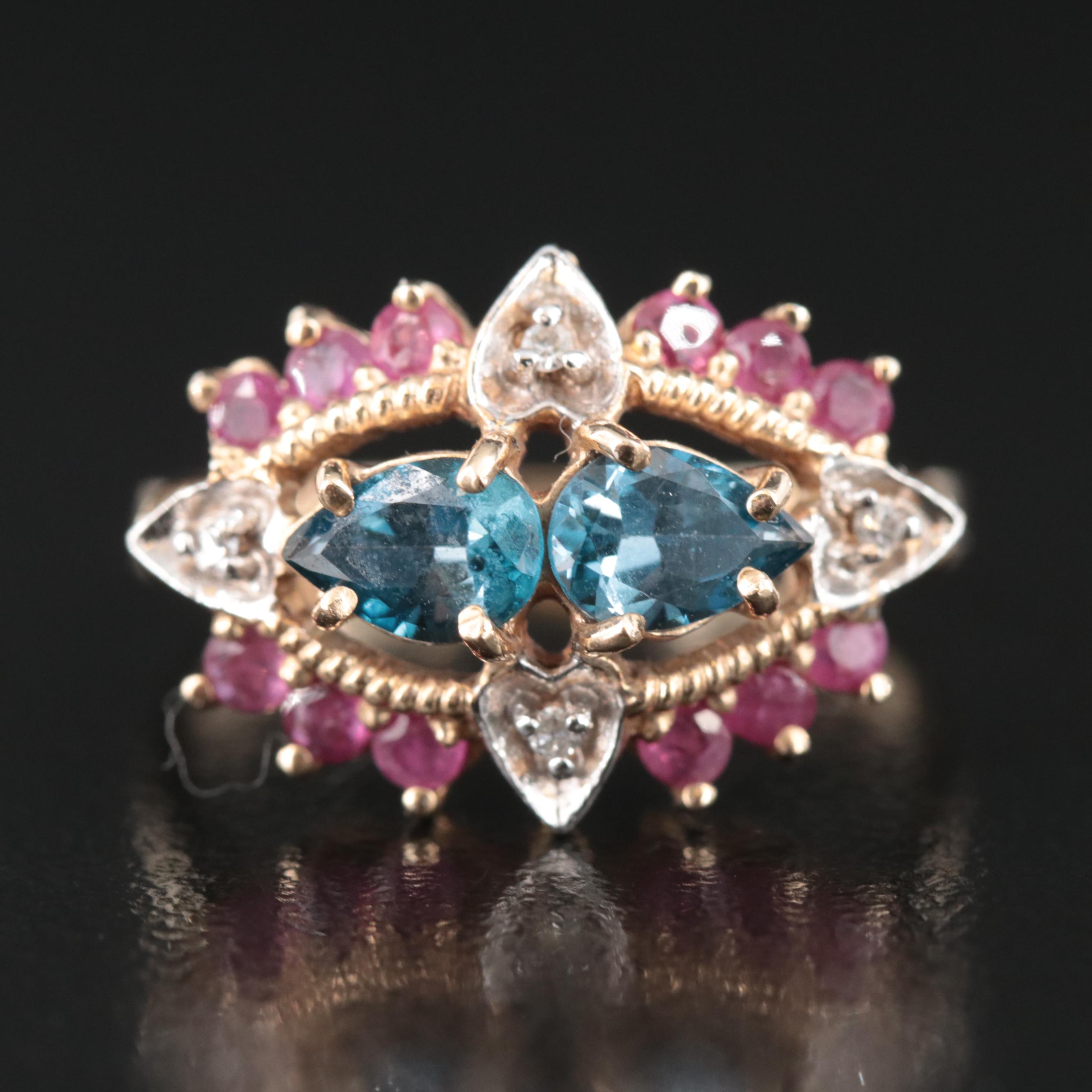 10K London Blue Topaz, Ruby, and Diamond Ring