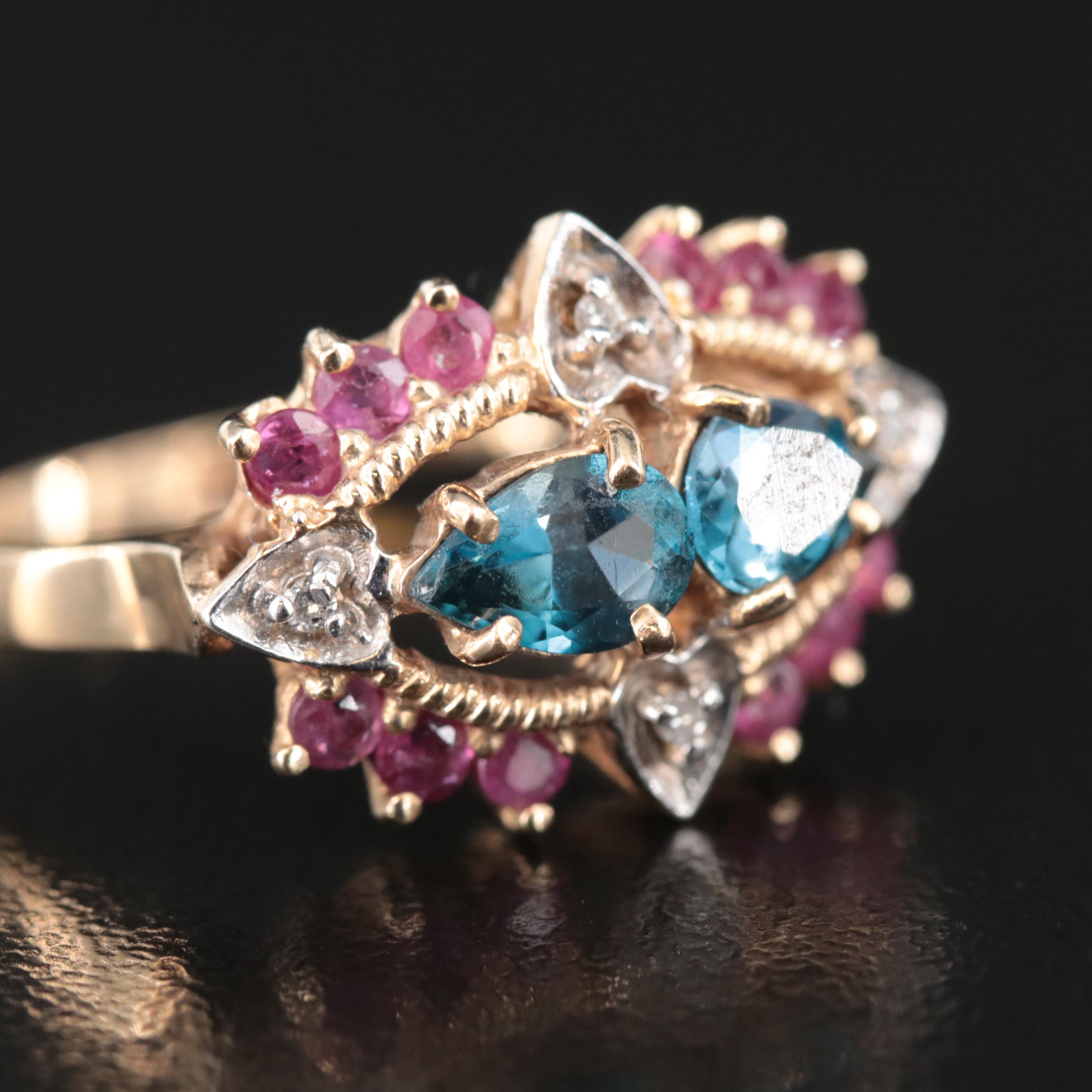 10K London Blue Topaz, Ruby, and Diamond Ring