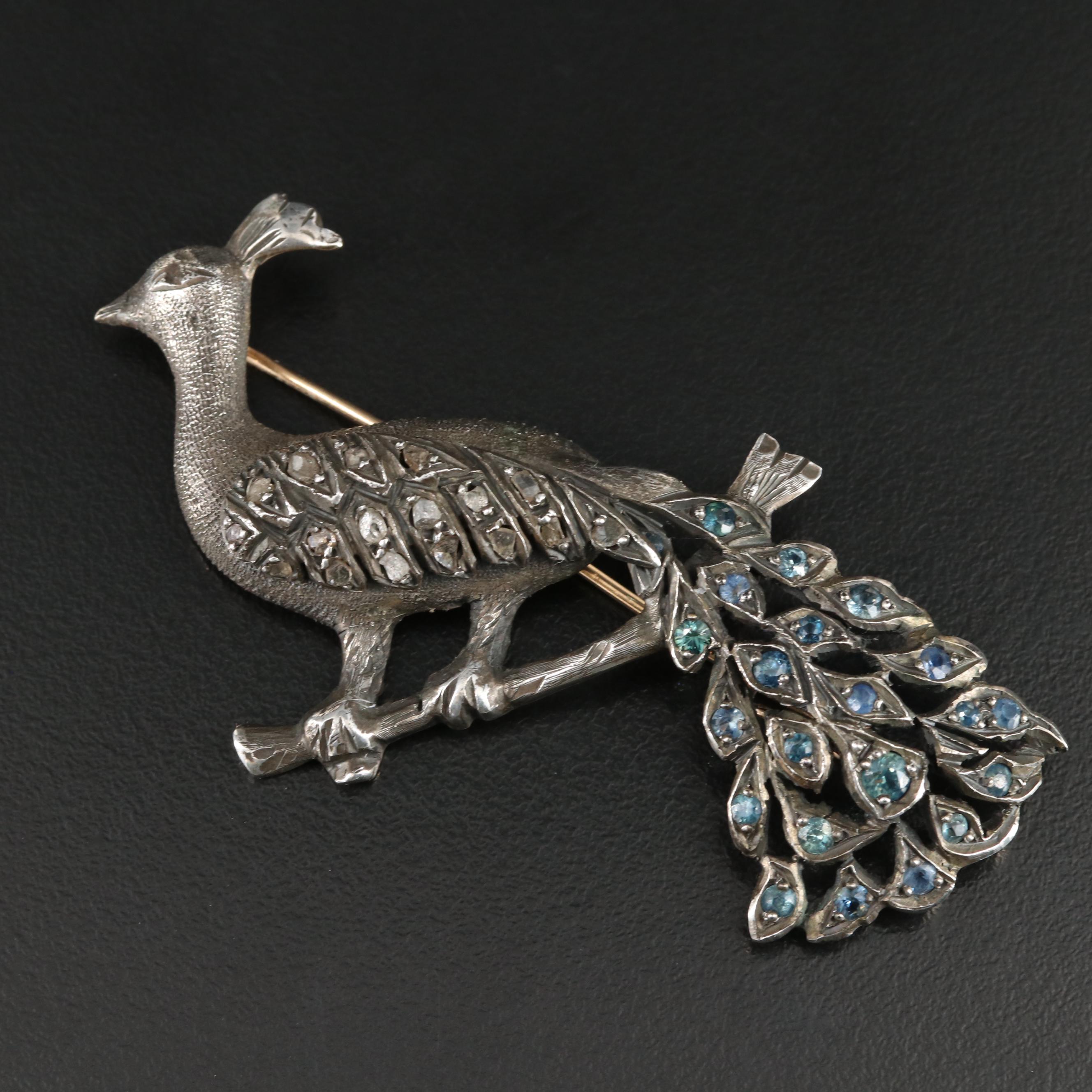 Victorian 10K and Sterling Diamond and Sapphire Peacock Brooch