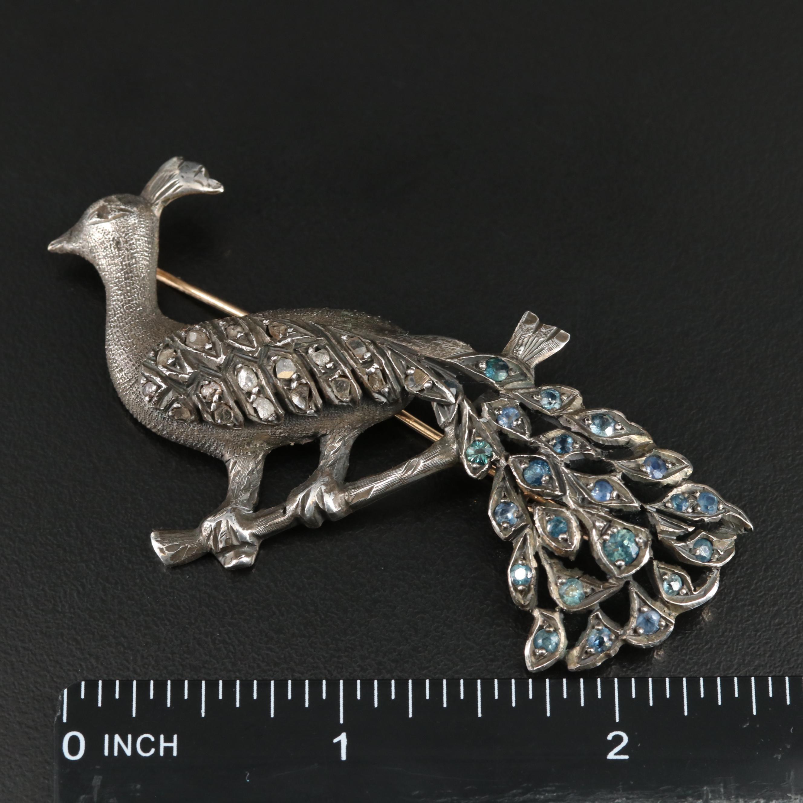 Victorian 10K and Sterling Diamond and Sapphire Peacock Brooch