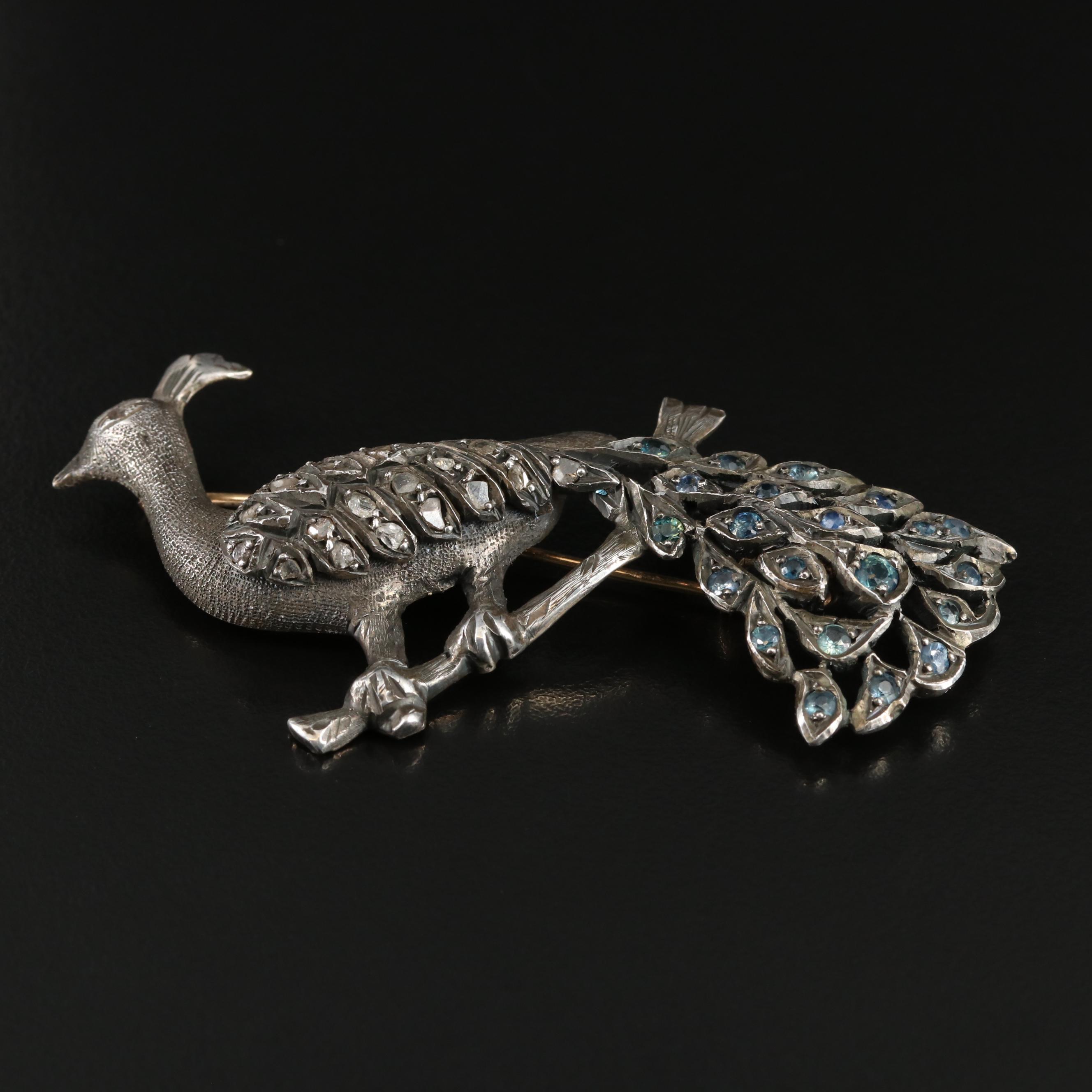 Victorian 10K and Sterling Diamond and Sapphire Peacock Brooch