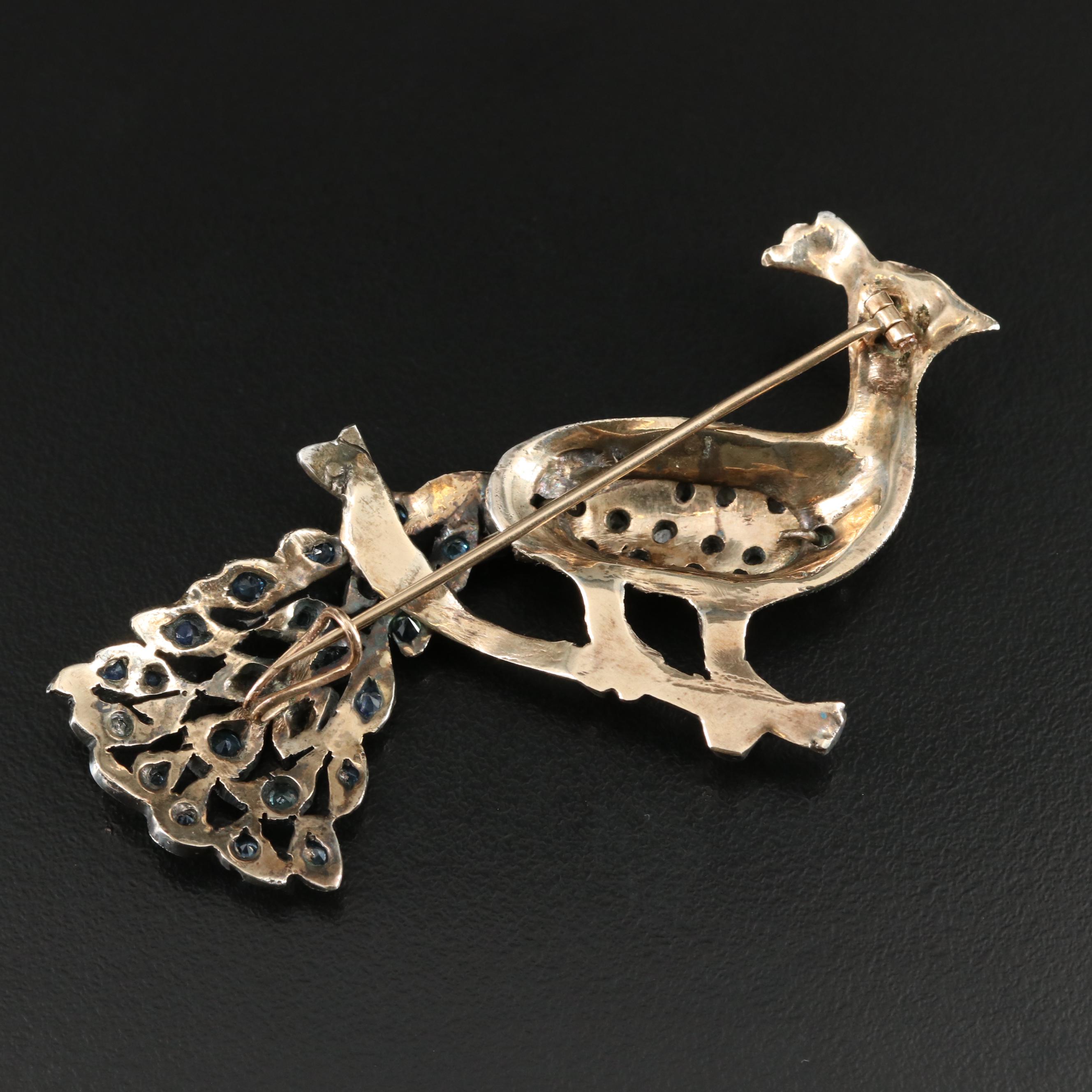 Victorian 10K and Sterling Diamond and Sapphire Peacock Brooch