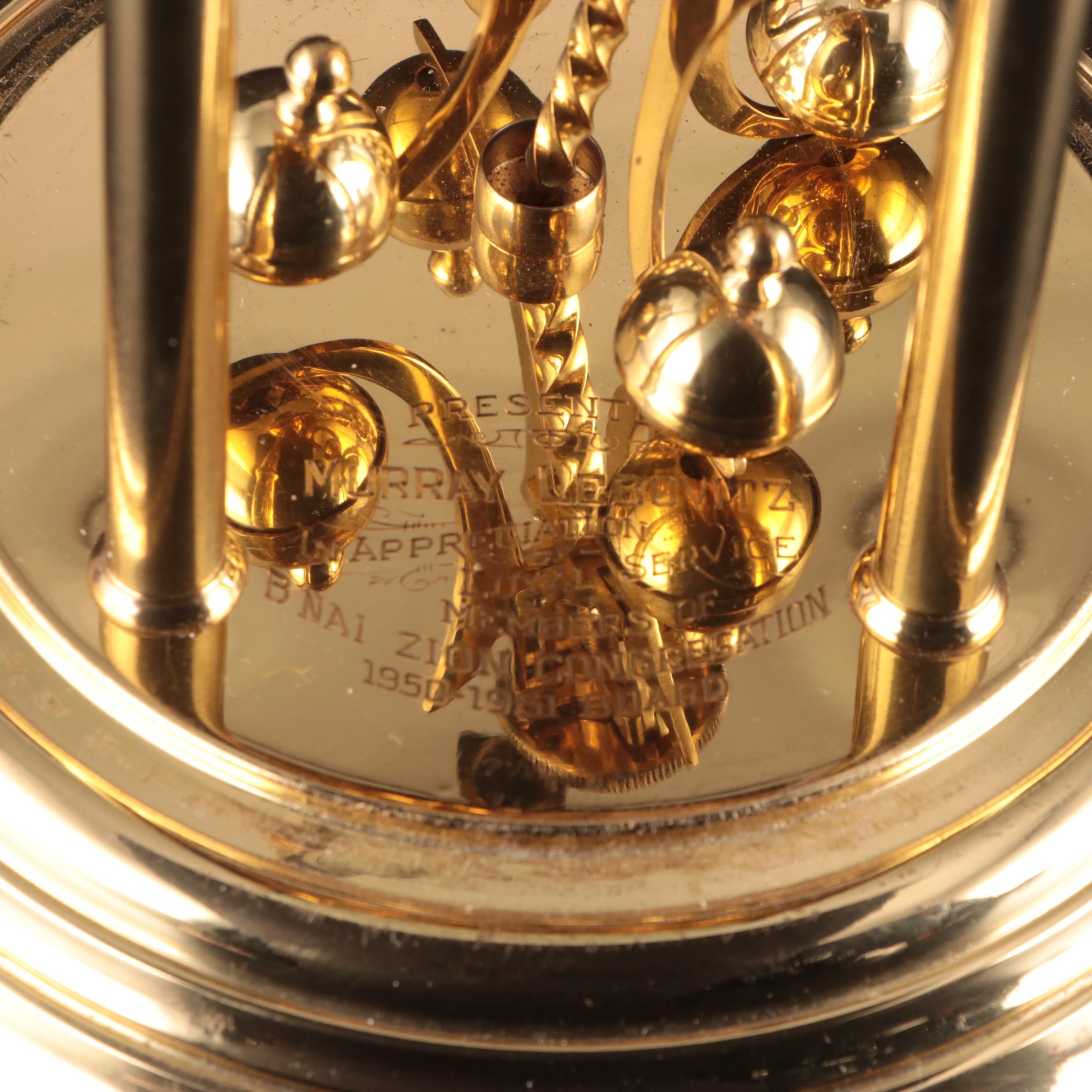 Forestville Clock Co. Brass and Glass Anniversary Clock with Inscription