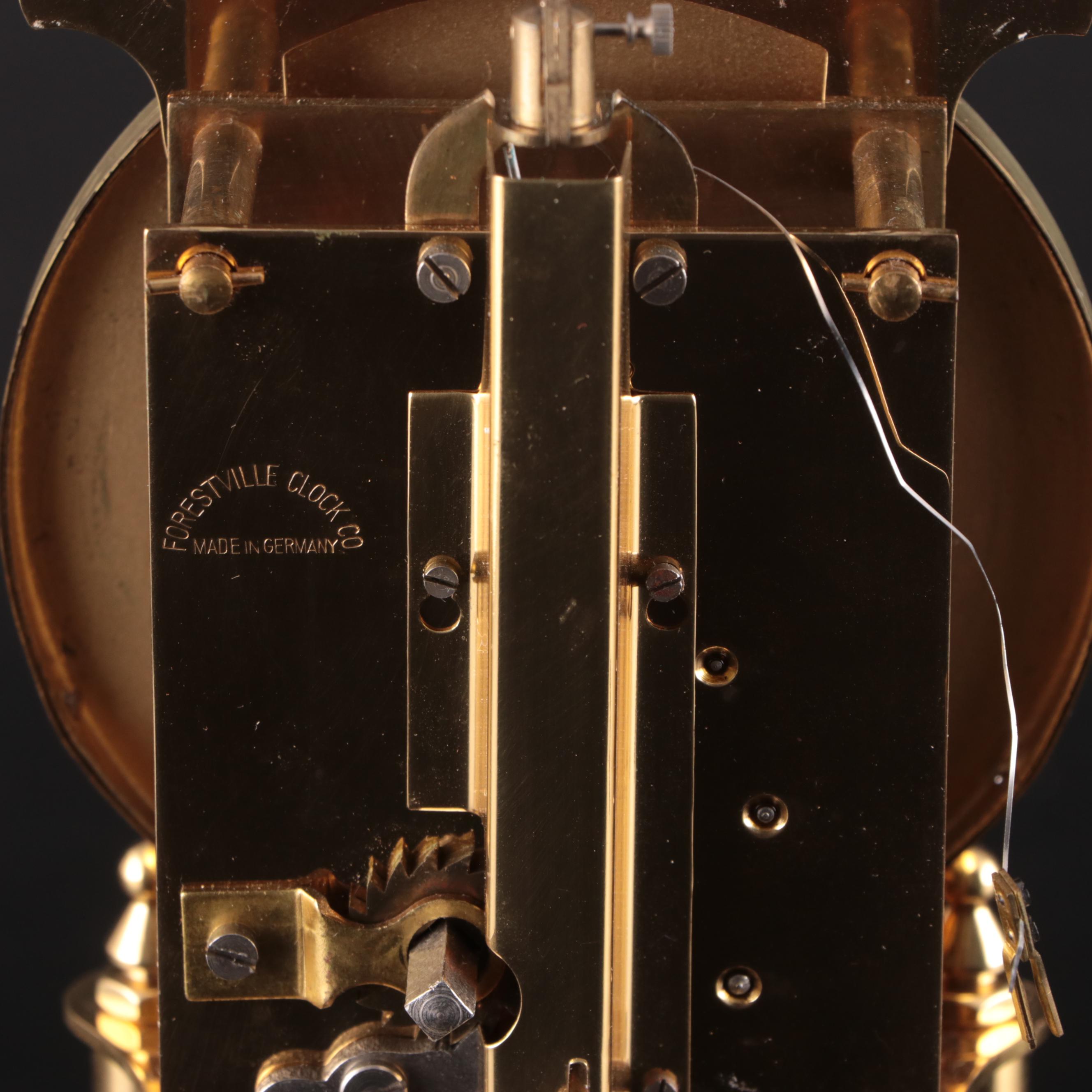 Forestville Clock Co. Brass and Glass Anniversary Clock with Inscription