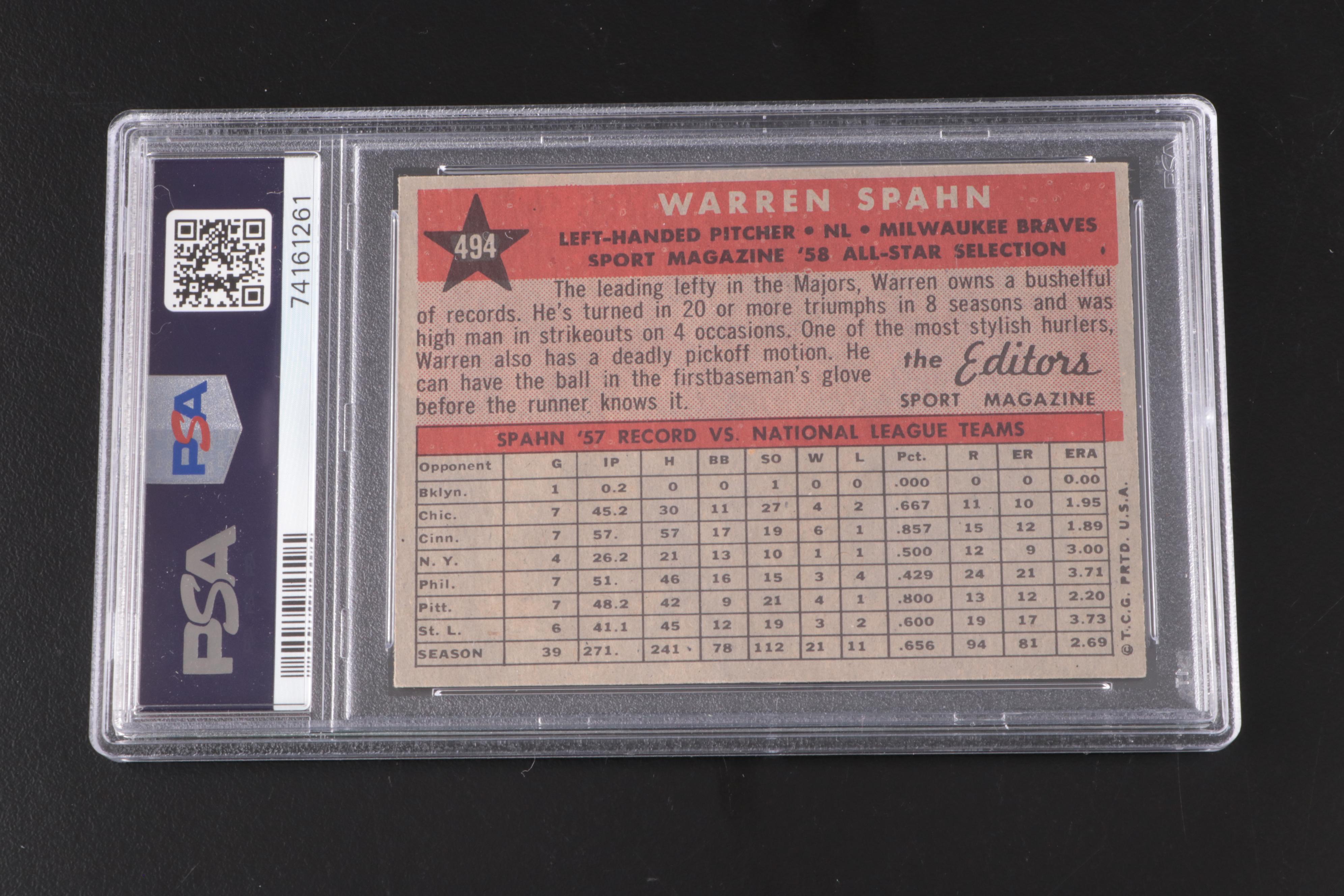 1958 Topps Warren Spahn All Star Graded PSA 5 Baseball Card