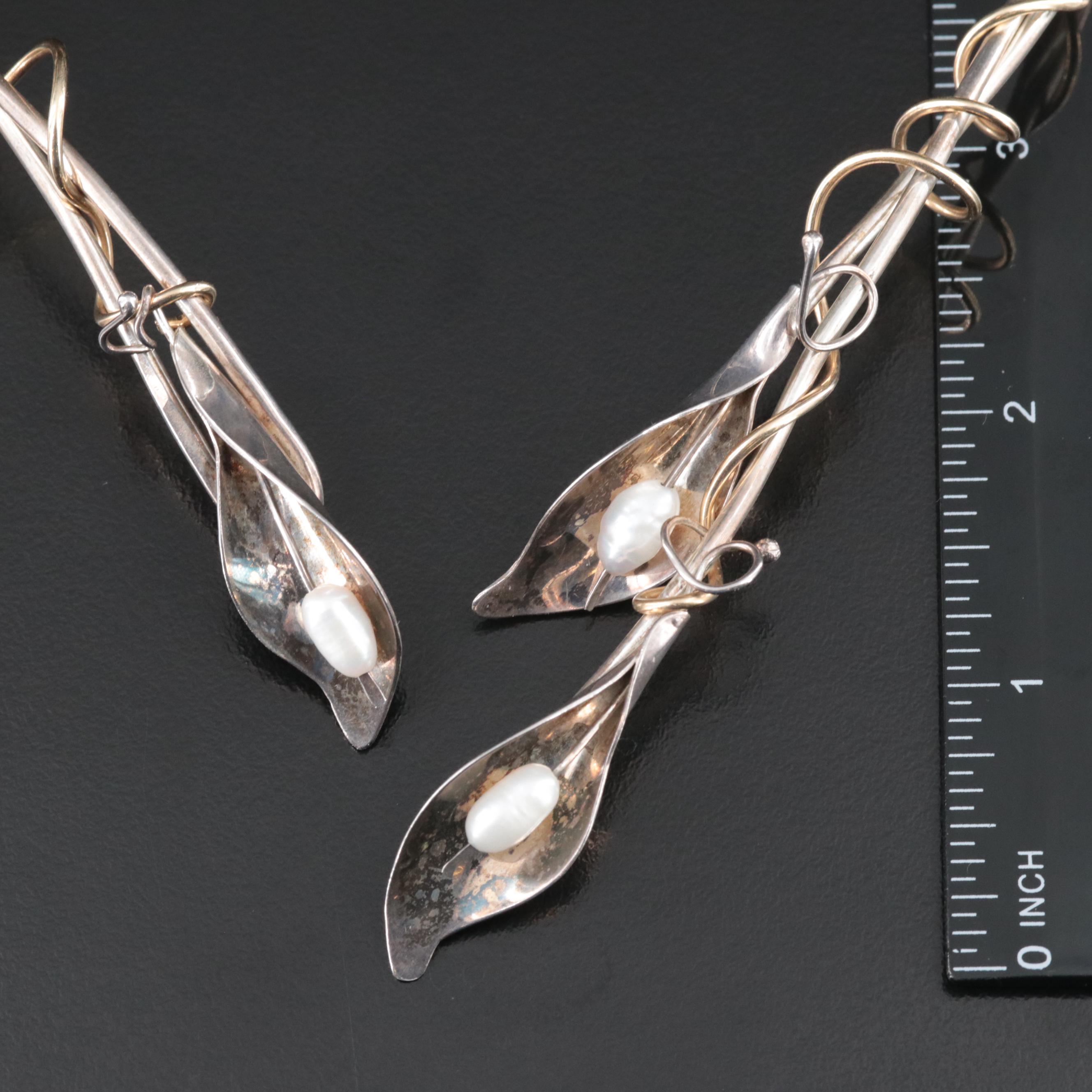 Sterling Pearl Calla Lily Torque Collar with Metal Accent