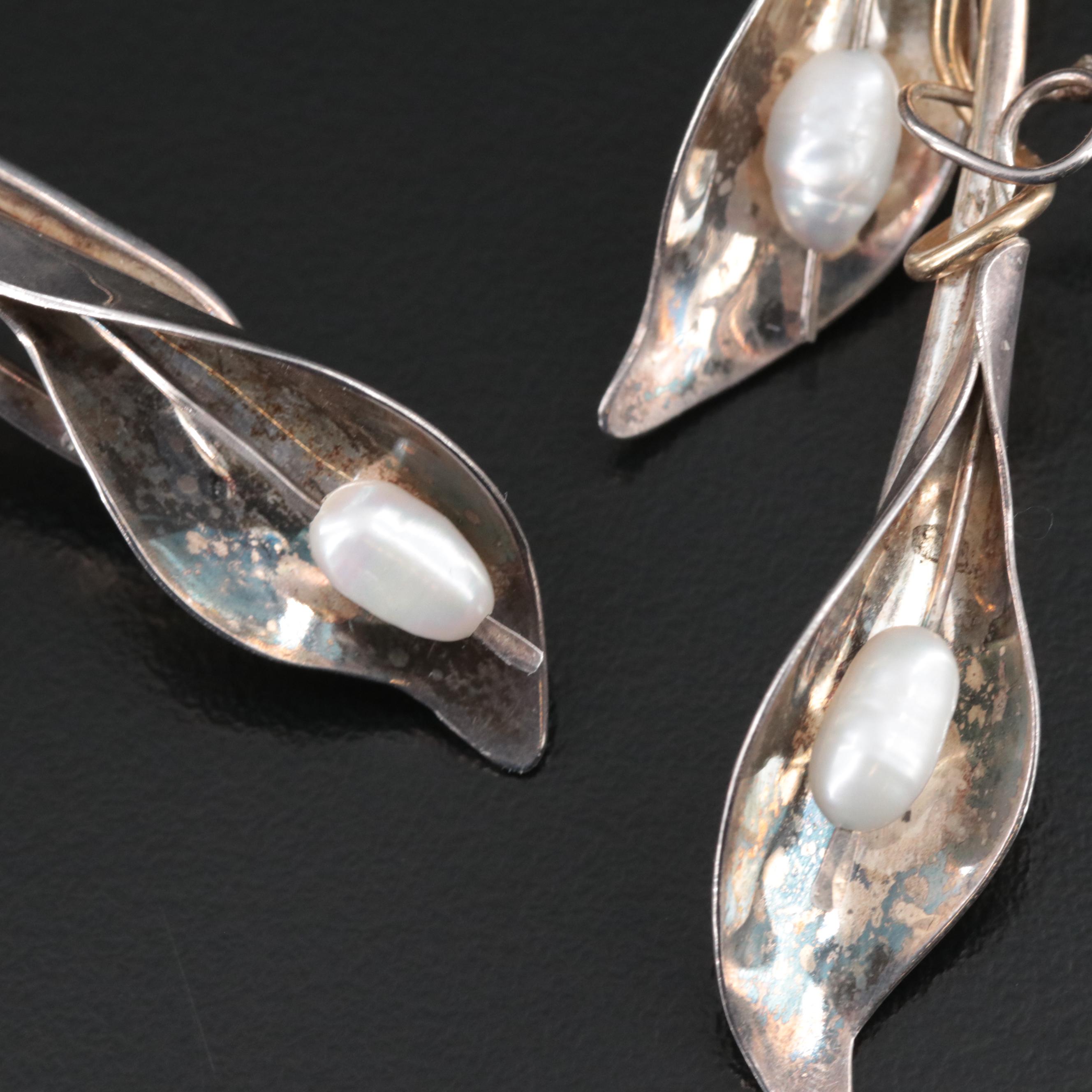 Sterling Pearl Calla Lily Torque Collar with Metal Accent