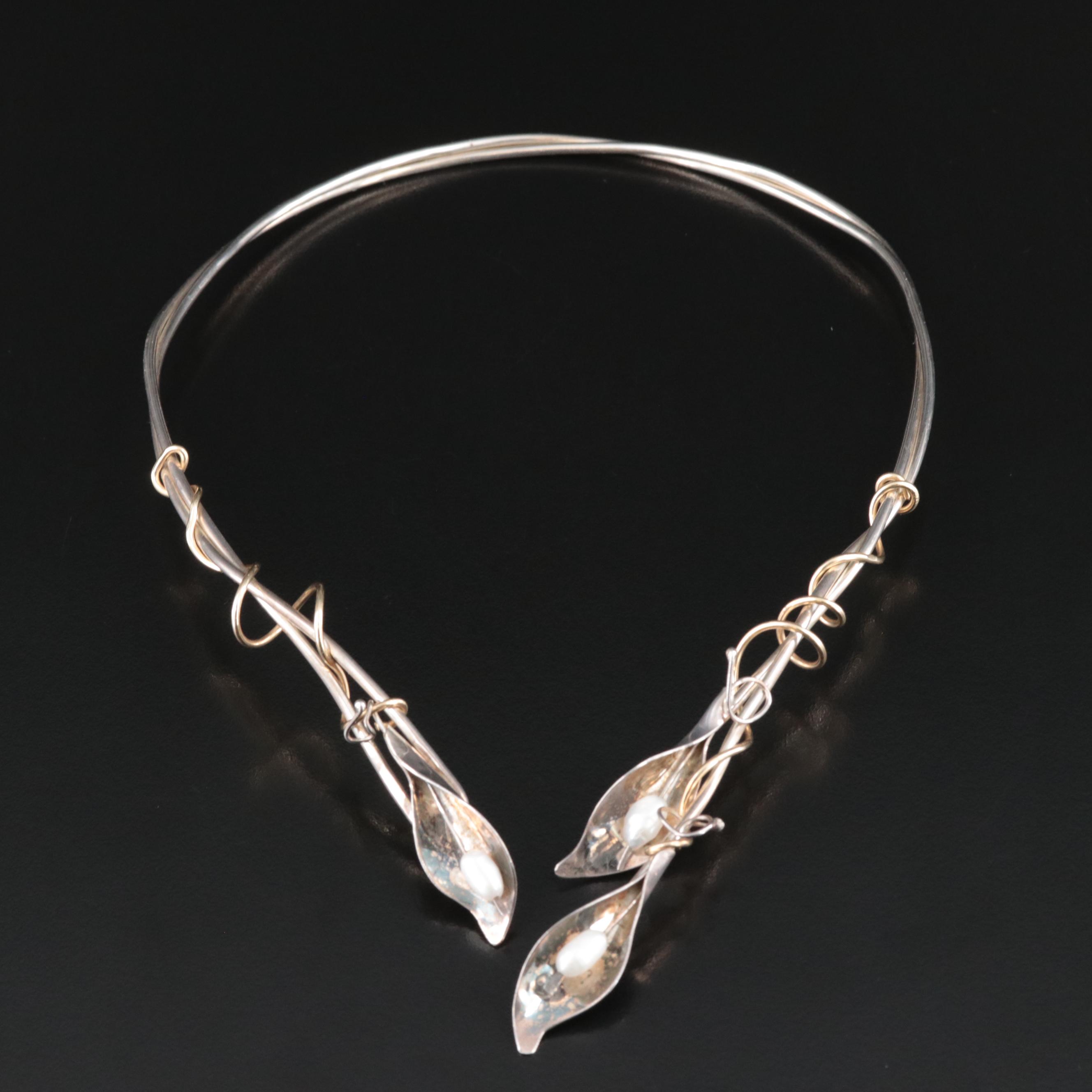 Sterling Pearl Calla Lily Torque Collar with Metal Accent