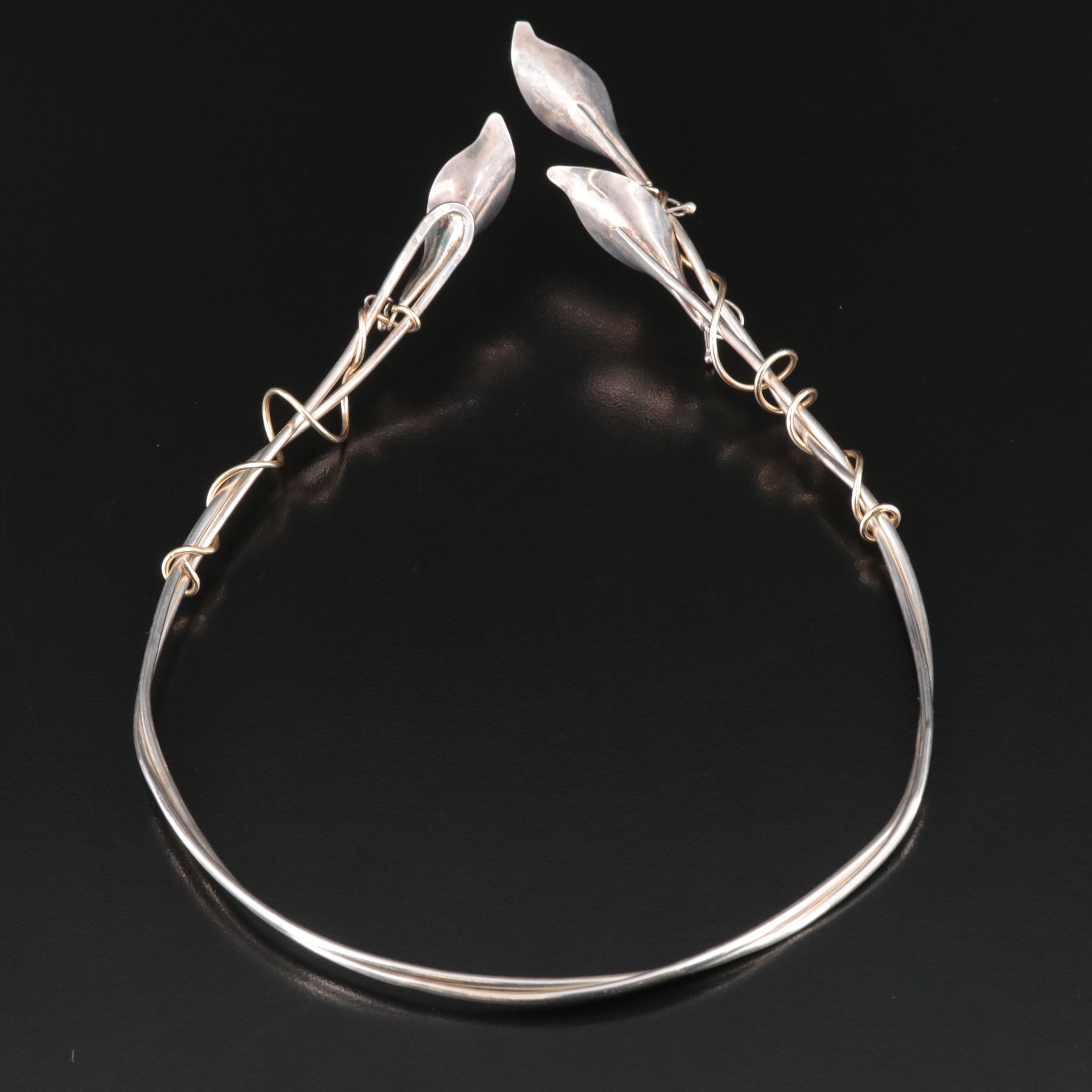 Sterling Pearl Calla Lily Torque Collar with Metal Accent