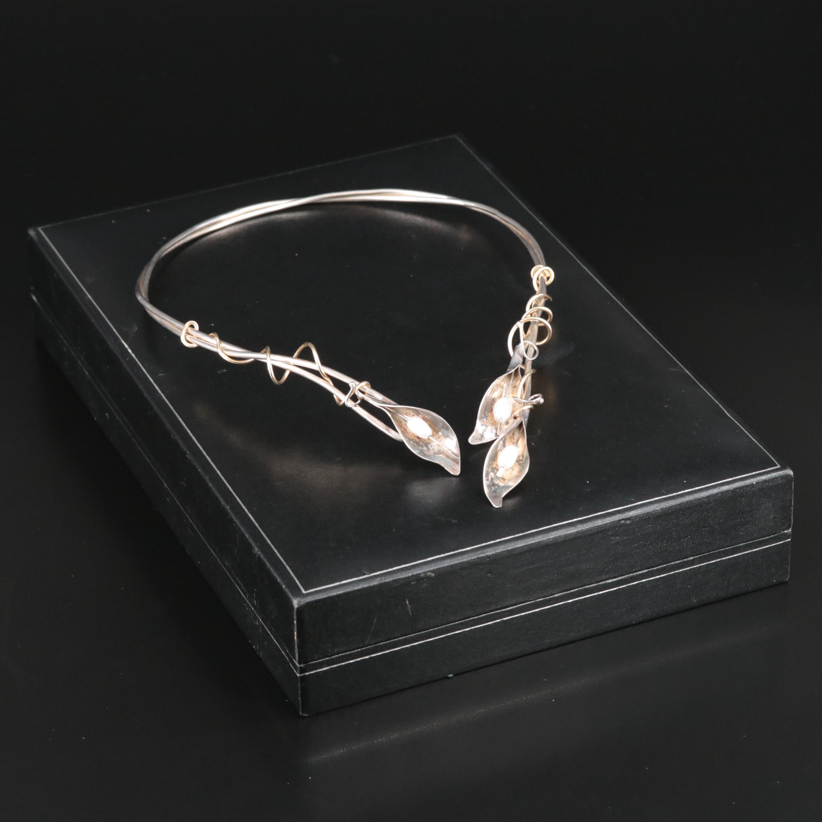Sterling Pearl Calla Lily Torque Collar with Metal Accent