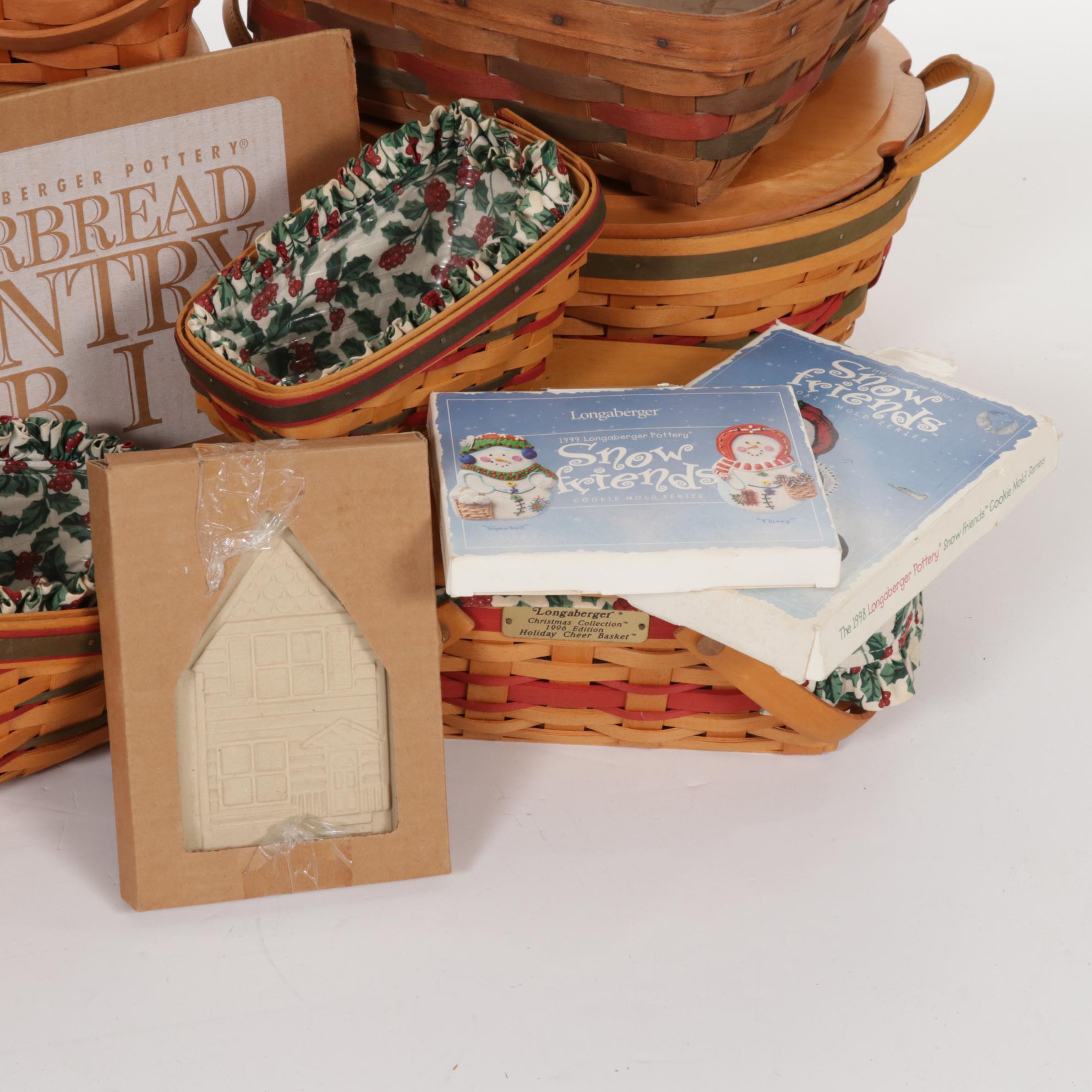 Longaberger Christmas Baskets with Stoneware Gingerbread House and Cookie Molds