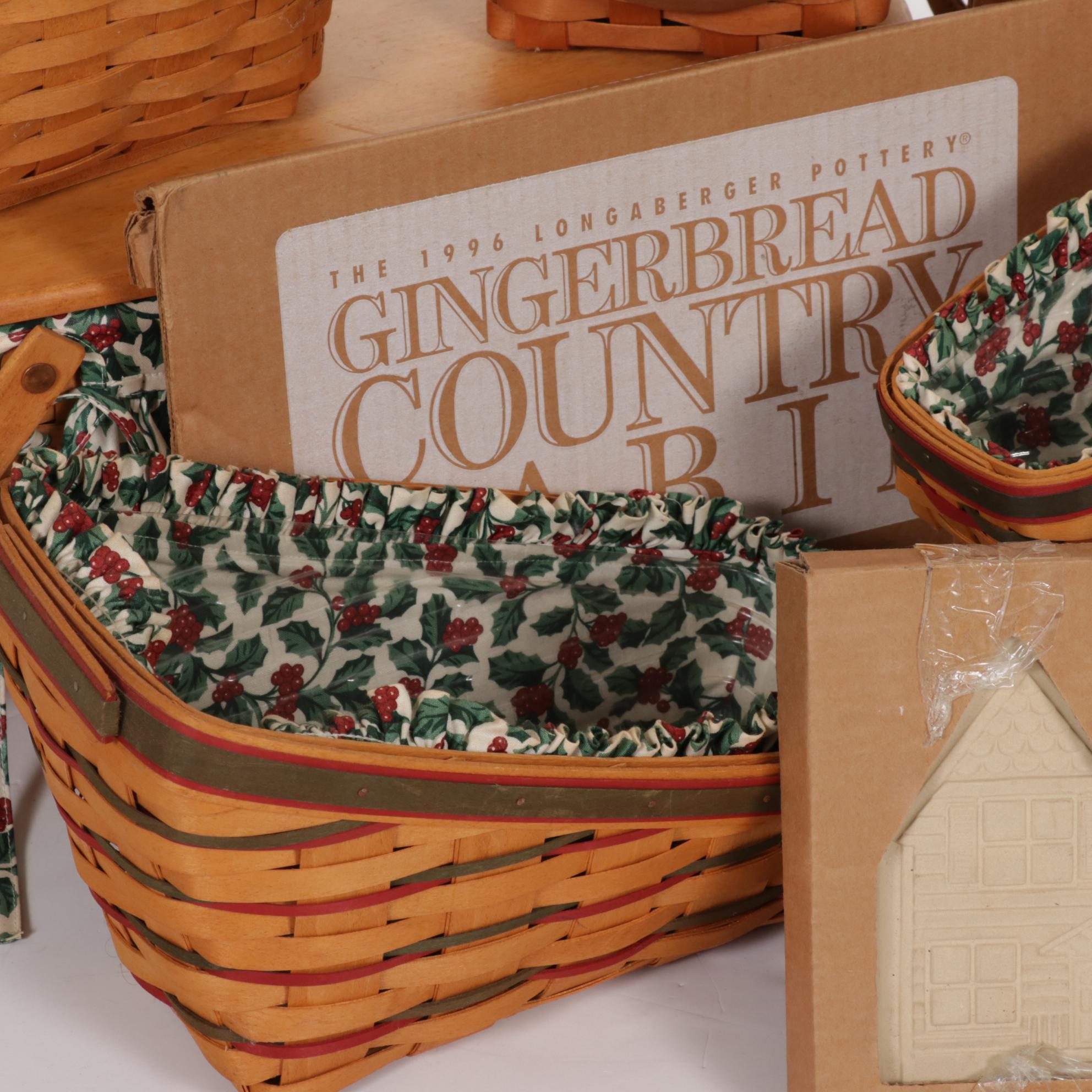Longaberger Christmas Baskets with Stoneware Gingerbread House and Cookie Molds