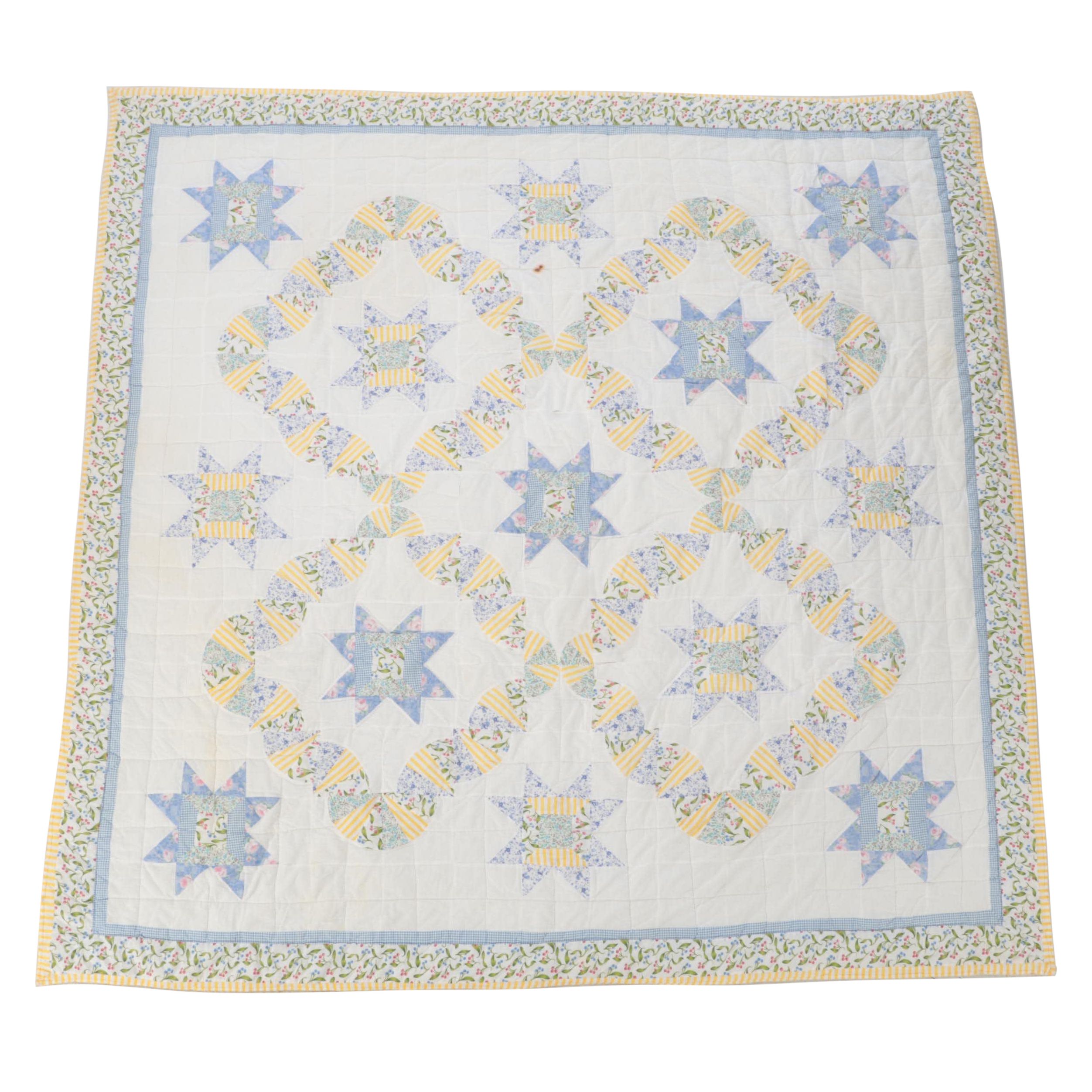 Hand-Pieced Yellow and Blue Eight Point Star Quilt