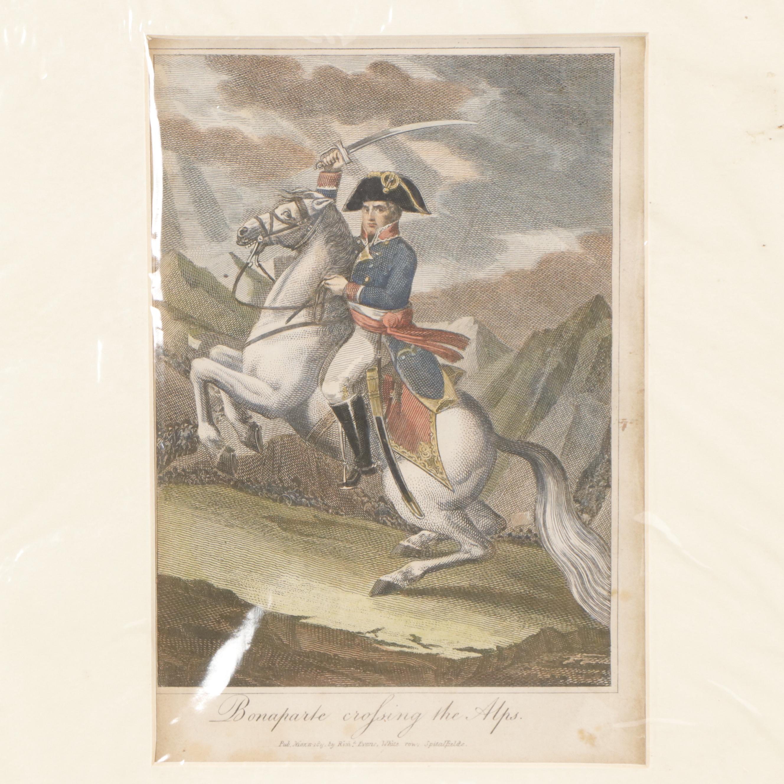 Hand Colored Steel Engraving of Napoleon and Two Etchings
