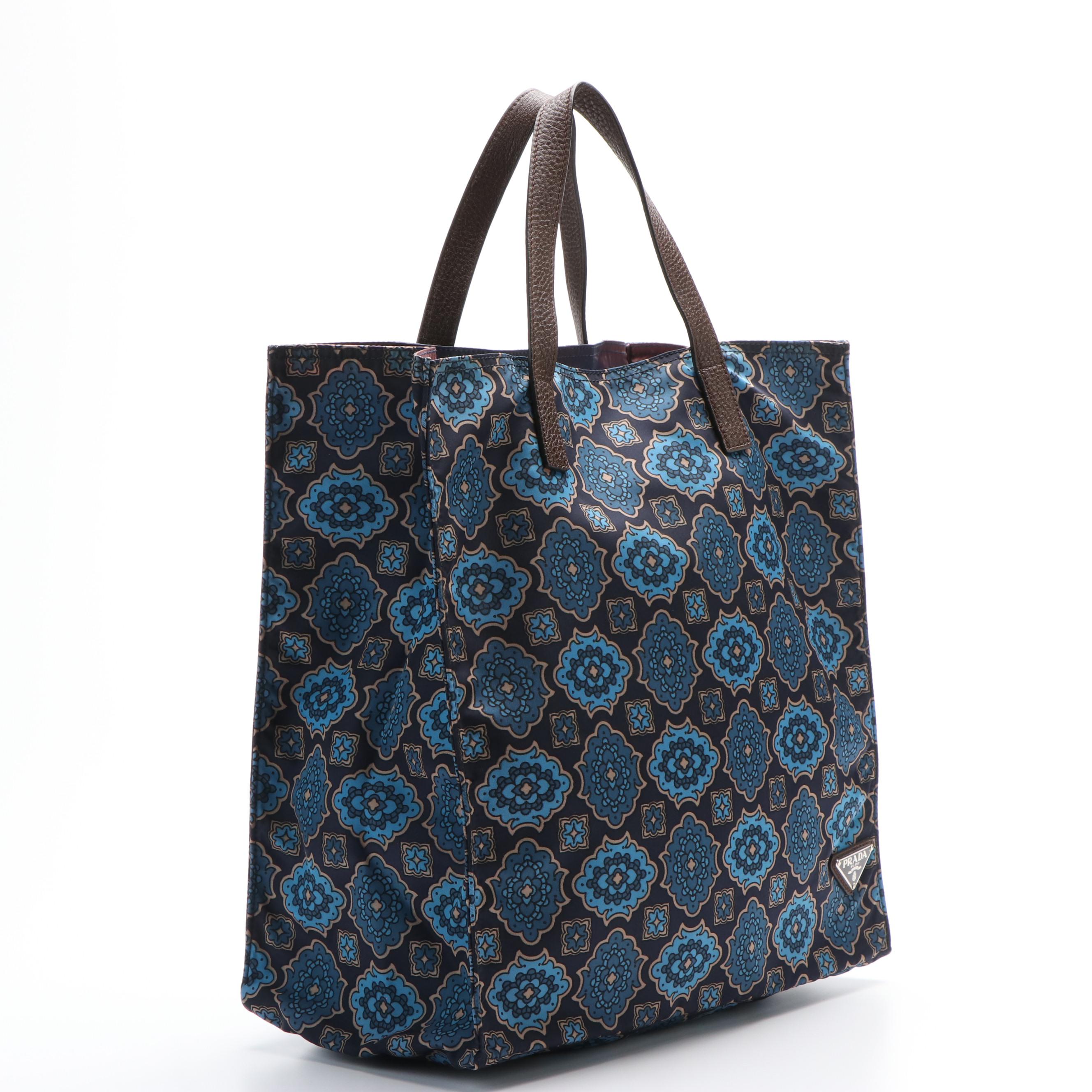 Prada Paisley Tote Handbag in Navy and Beige Nylon