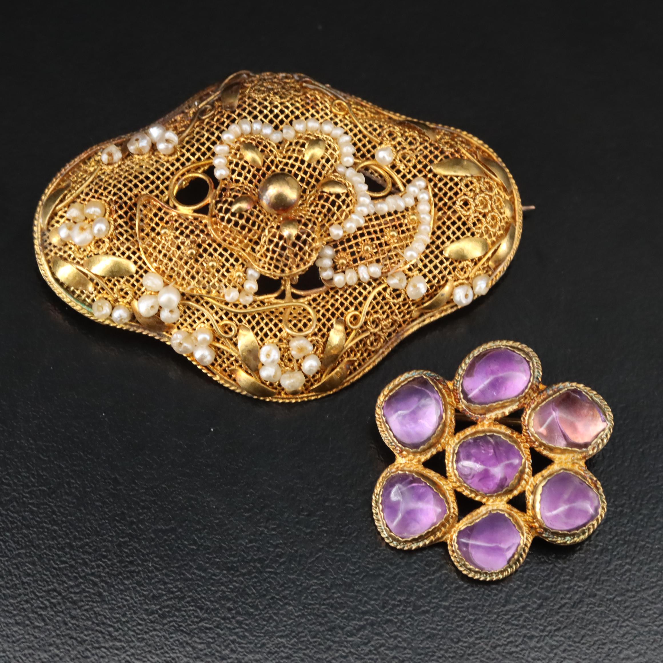 14K Seed Pearl Wire Brooch and Sterling Amethyst Brooch