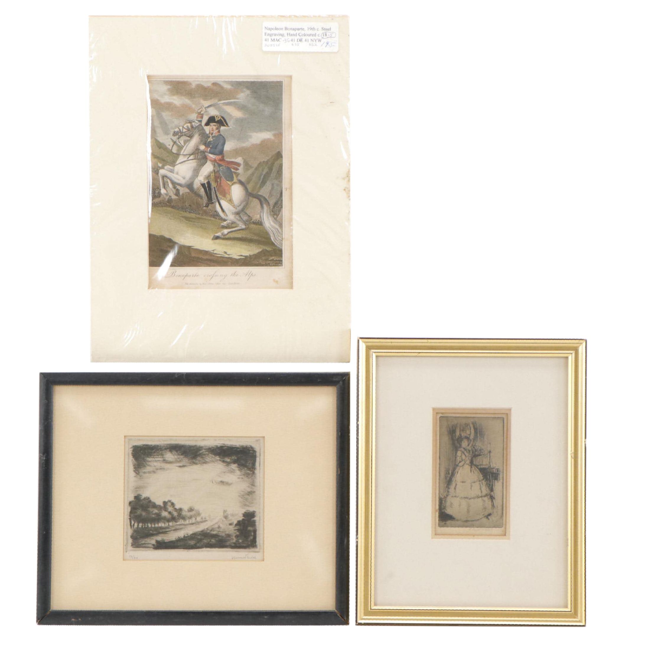 Hand Colored Steel Engraving of Napoleon and Two Etchings