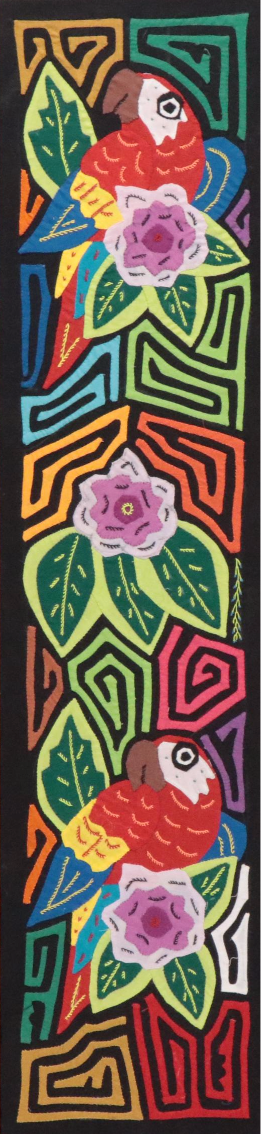 Panamanian Guna Mola Folk Art Embroidered Textile Panel of Parrots